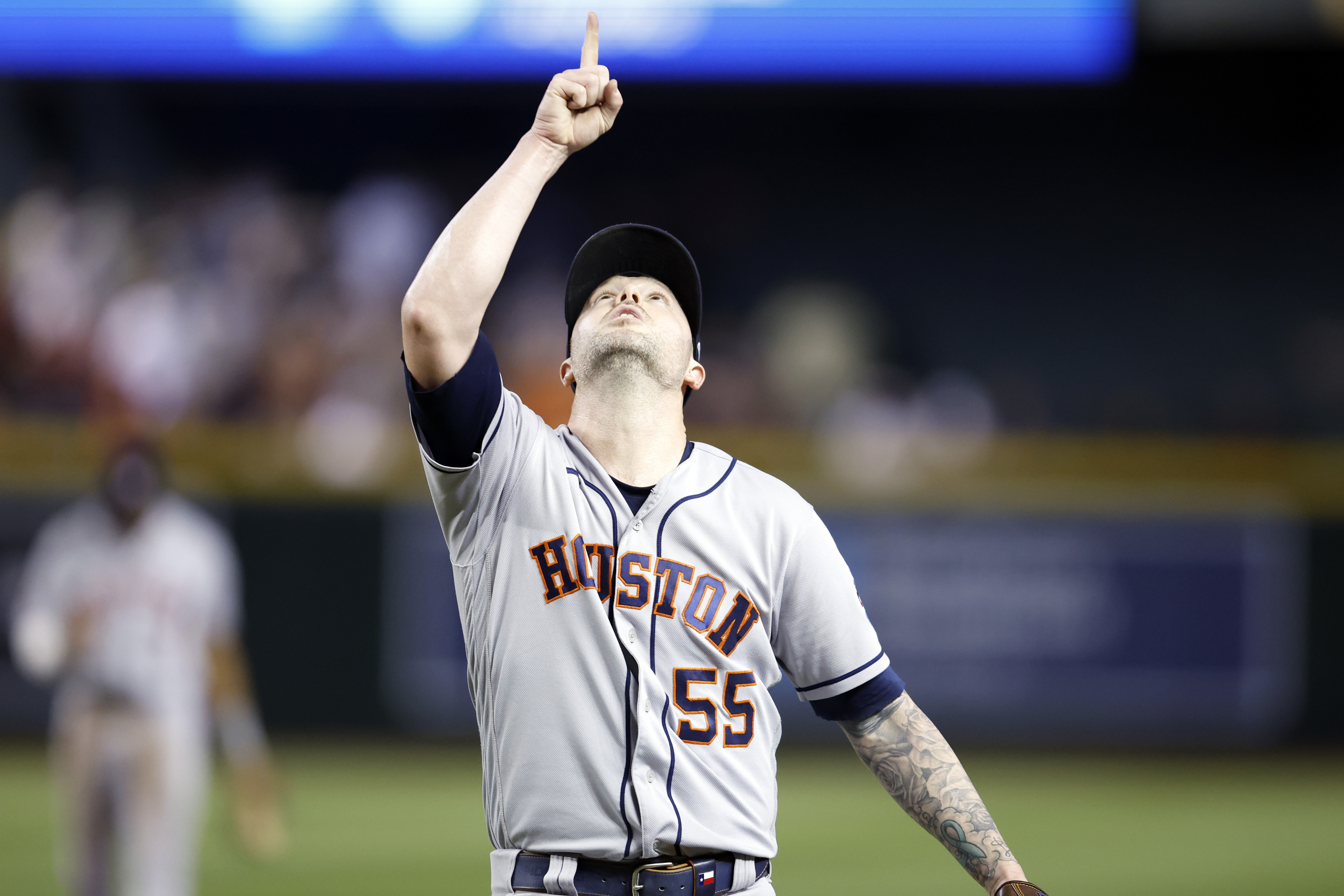 Relief pitcher Ryan Pressly of the Houston Astros reacts after the Astros defeated the Arizona Diamondbacks 2-1 at Chase Field on September 29, 2023 in Phoenix, Arizona.