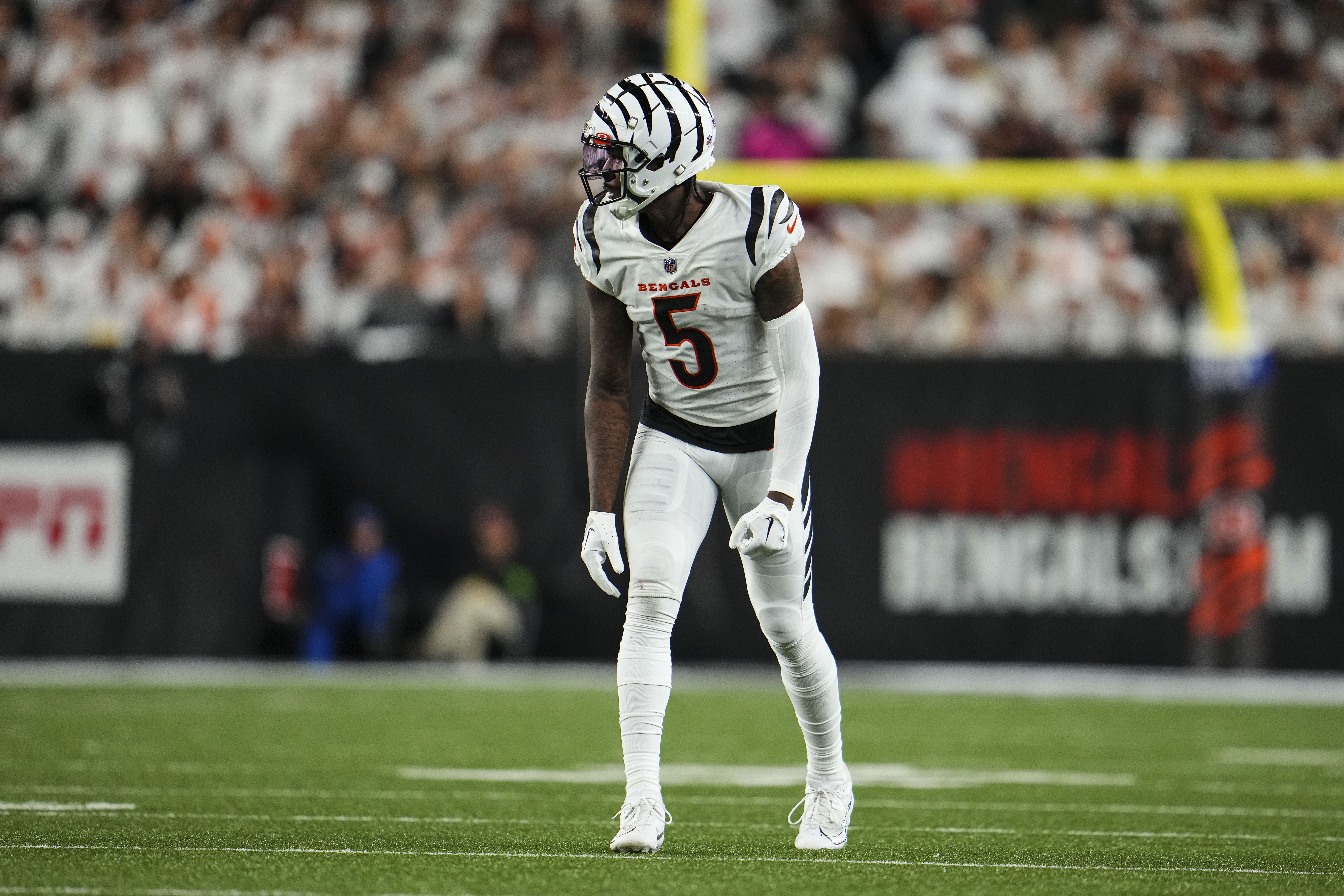 Tee Higgins of the Cincinnati Bengals looks on from the field during at Paycor Stadium on September 25, 2023 in Cincinnati, Ohio.