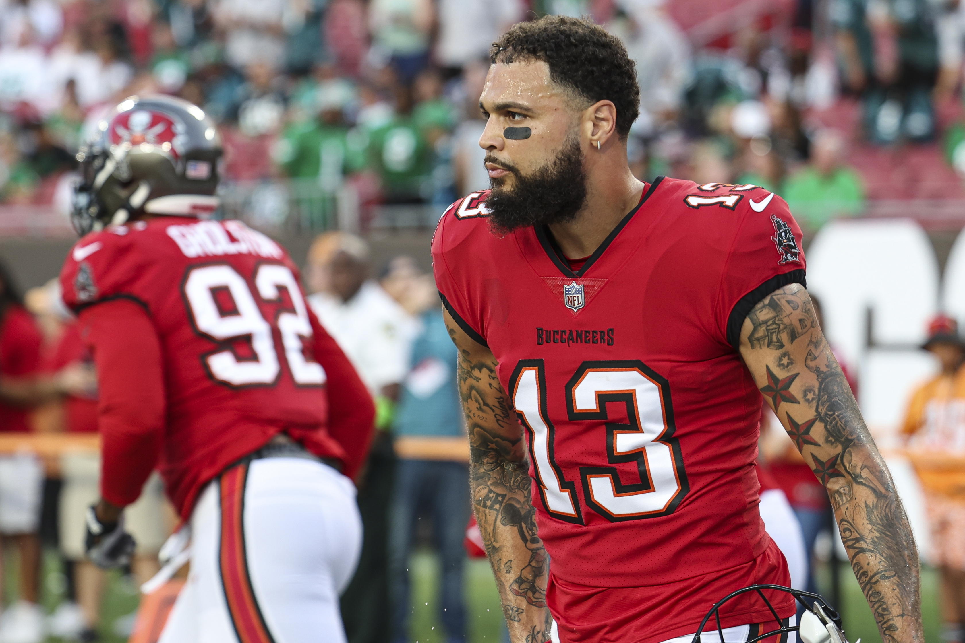Mike Evans #13 of the Tampa Bay Buccaneers warms up prior to an NFL football game against the Philadelphia Eagles at Raymond James Stadium on September 25, 2023 in Tampa, Florida.