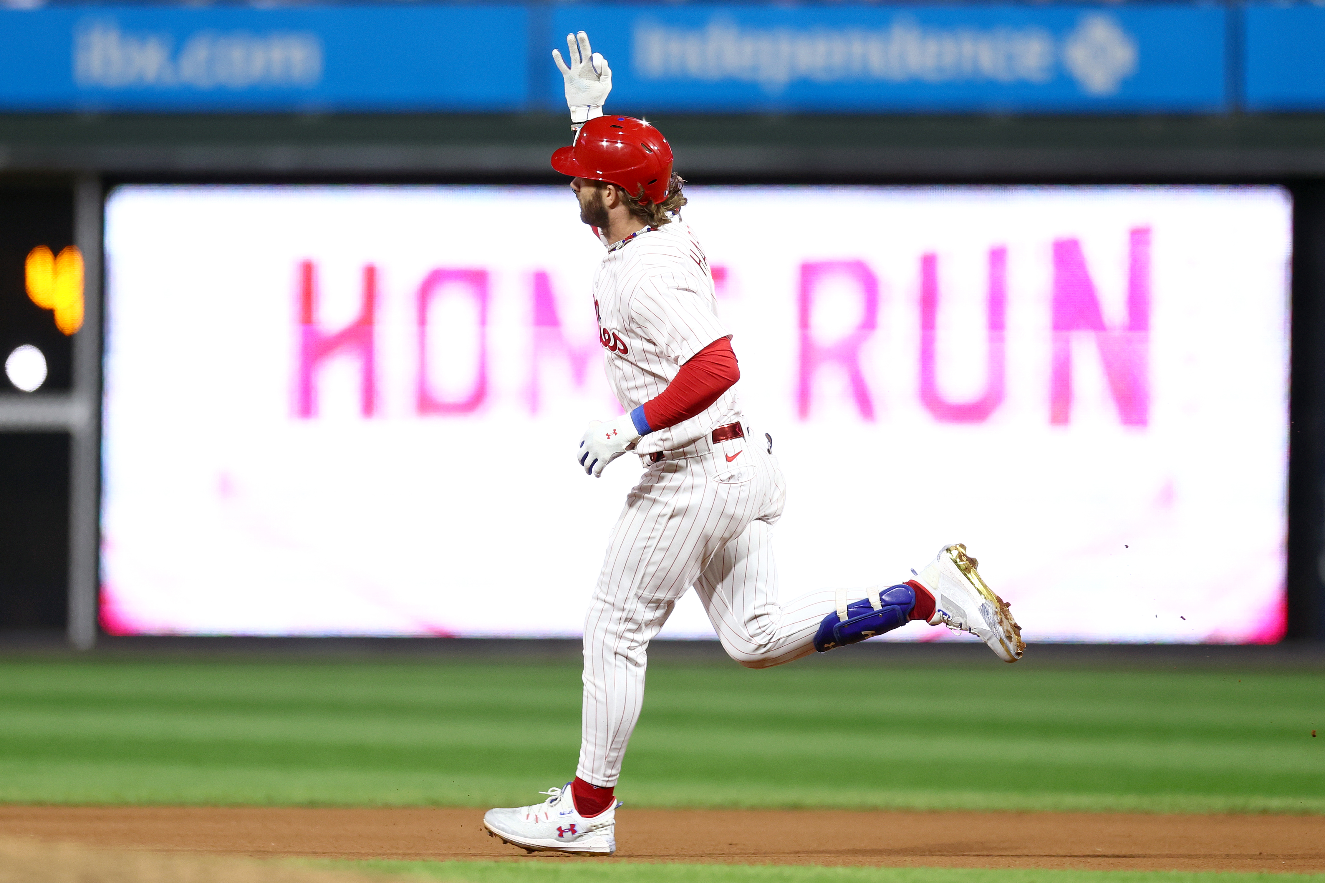 Bryce Harper of the Philadelphia Phillies rounds bases after hitting a solo home run during the seventh inning against the Pittsburgh Pirates at Citizens Bank Park on September 27, 2023 in Philadelphia, Pennsylvania.