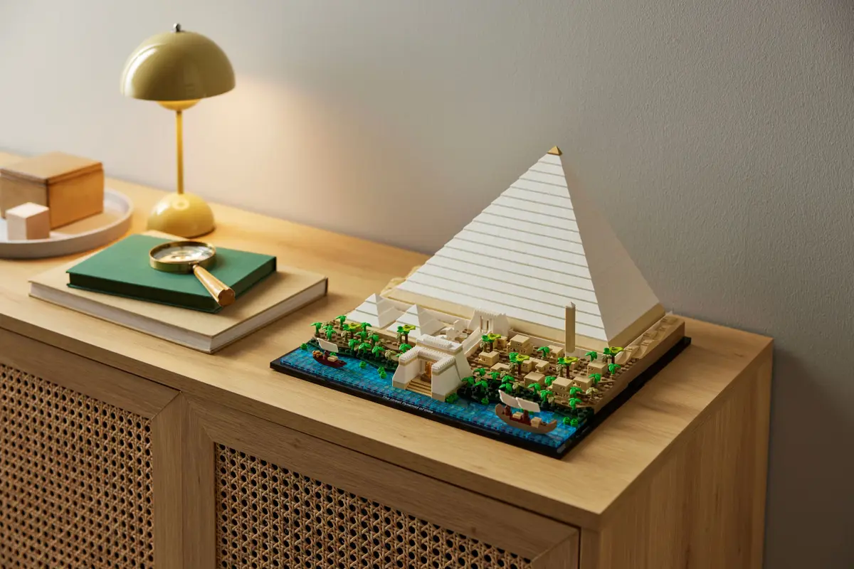 A stock photo of the assembled Lego Great Pyramid of Giza set on a shelf