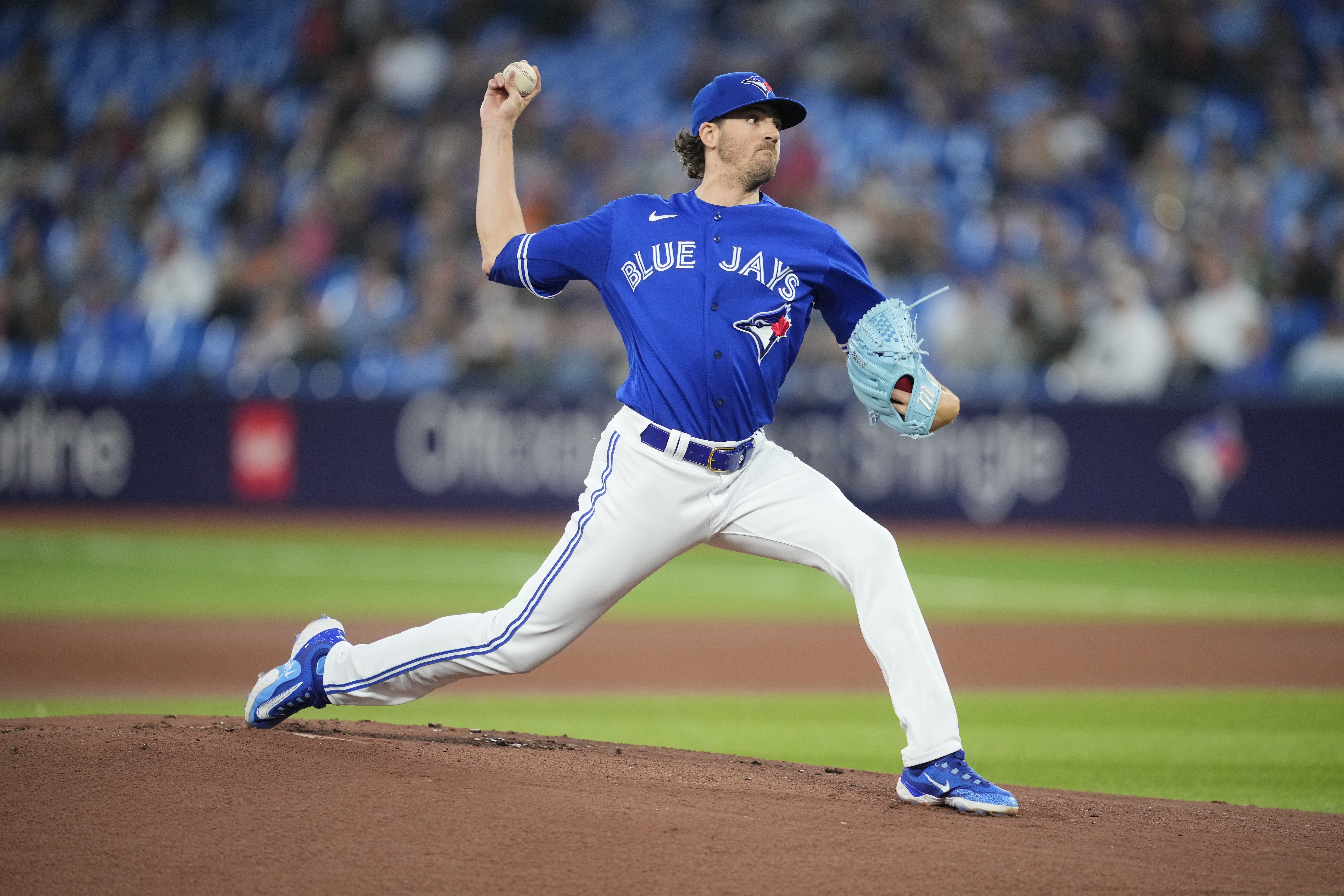 Kevin Gausman of Toronto Blue Jays pitches to the New York Yankees during the first inning in their MLB game at the Rogers Centre on September 26, 2023 in Toronto, Ontario, Canada.