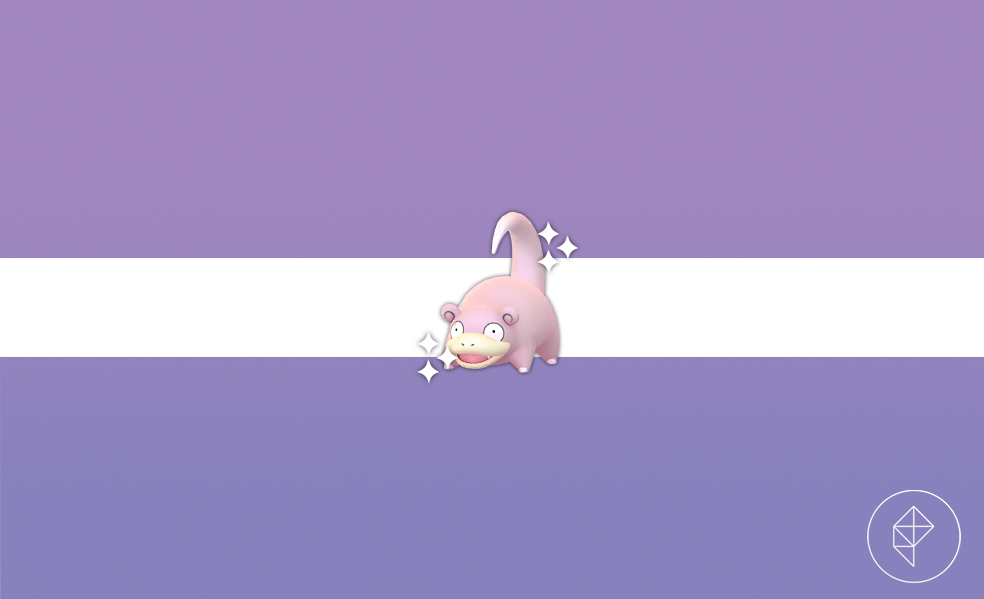 Shiny light pink Slowpoke in Pokémon Go on a purple gradient background.
