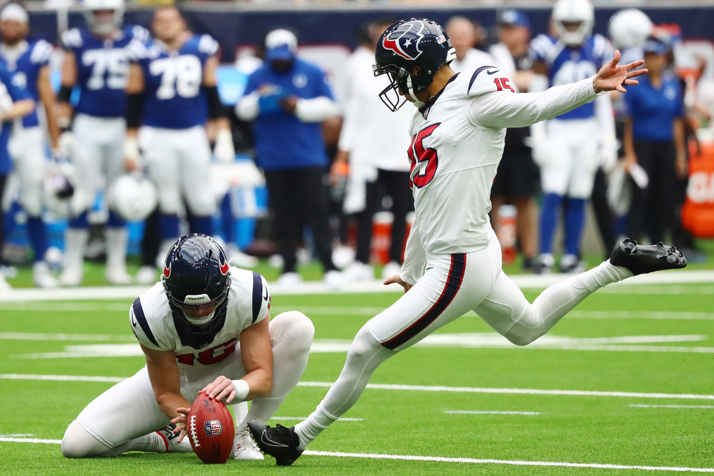 Ka’imi Fairbairn #15 of the Houston Texans kicks a field goal during the second quarter against the Indianapolis Colts at NRG Stadium on September 17, 2023 in Houston, Texas.