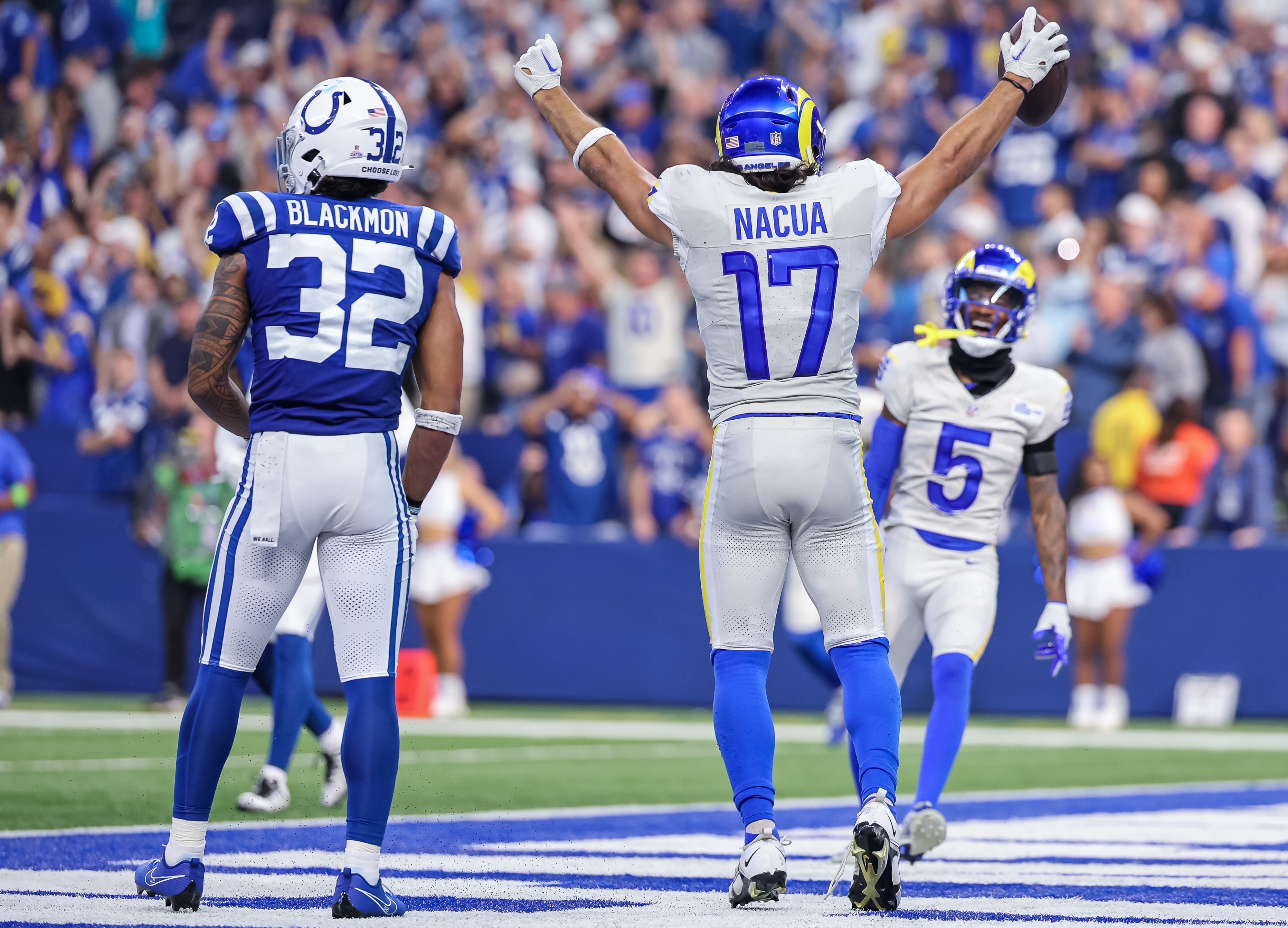 Puka Nacua #17 of the Los Angeles Rams celebrates during the game against the Indianapolis Colts at Lucas Oil Stadium on October 1, 2023 in Indianapolis, Indiana.