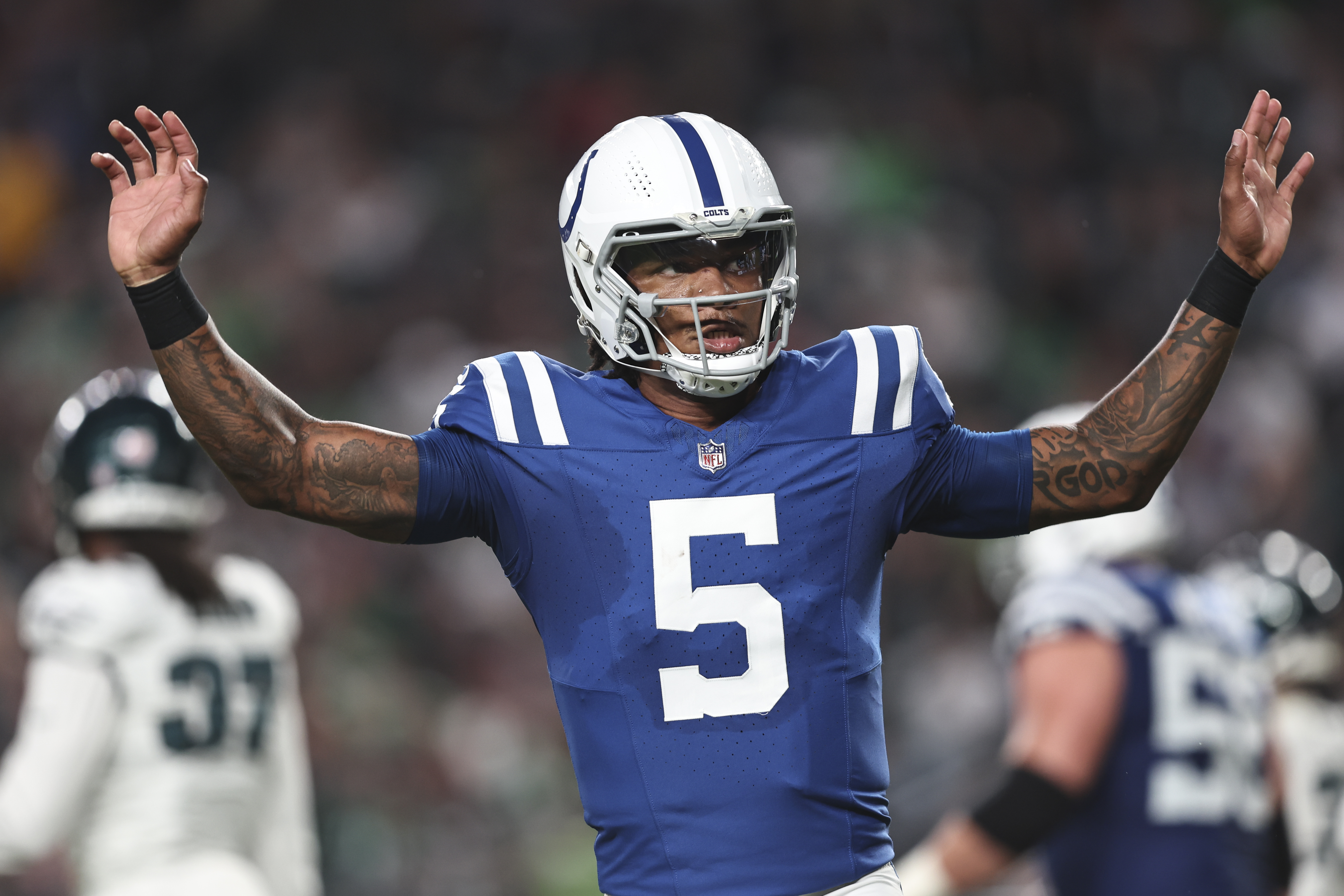 Anthony Richardson #5 of the Indianapolis Colts taunts the crowd after passing for a touchdown during to an NFL preseason game at Lincoln Financial Field on August 24, 2023 in Philadelphia, Pennsylvania.