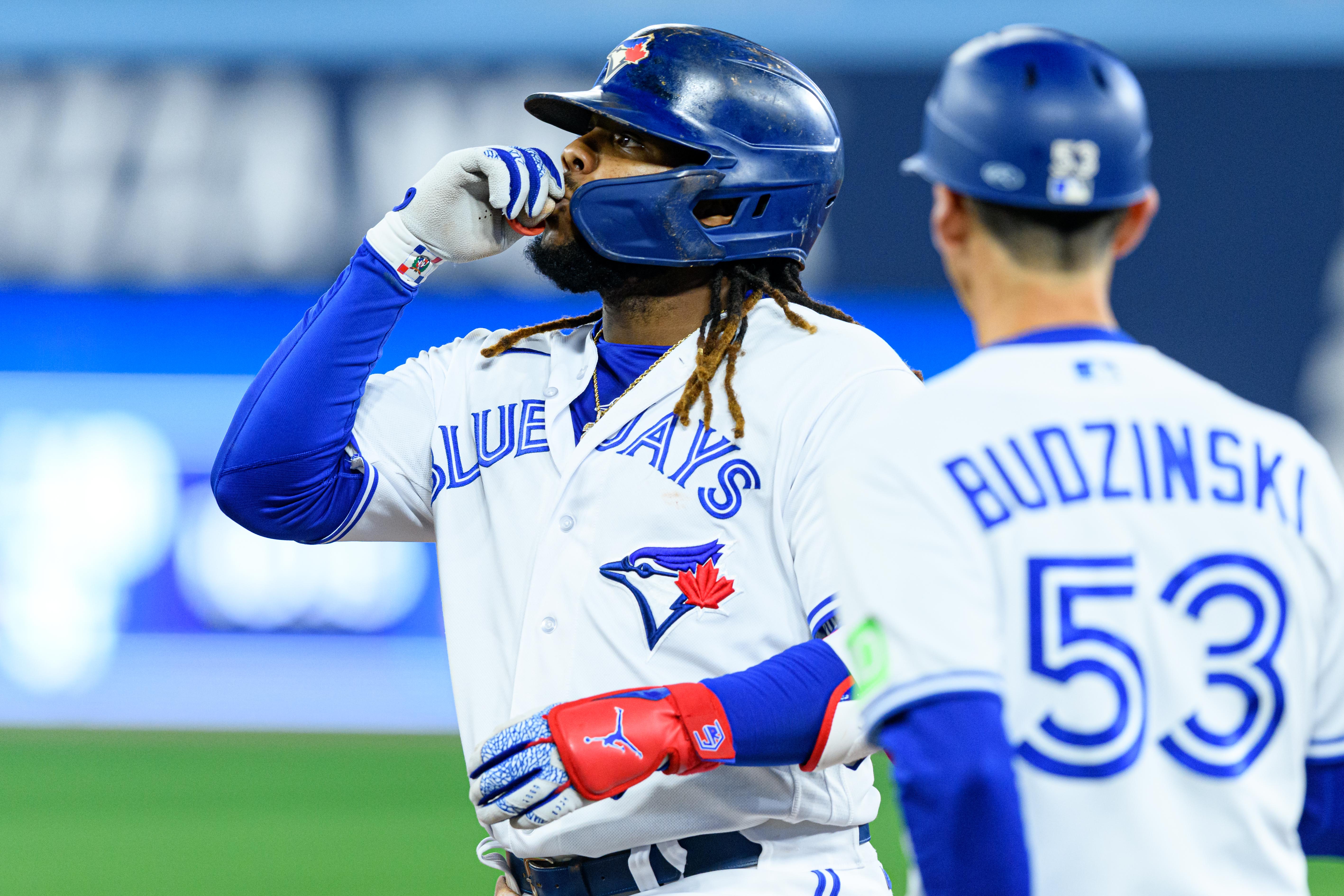 Toronto Blue Jays First base Vladimir Guerrero Jr. reacts during the MLB baseball regular season game between the Tampa Bay Rays and the Toronto Blue Jays on September 29, 2023, at Rogers Centre in Toronto, ON, Canada.