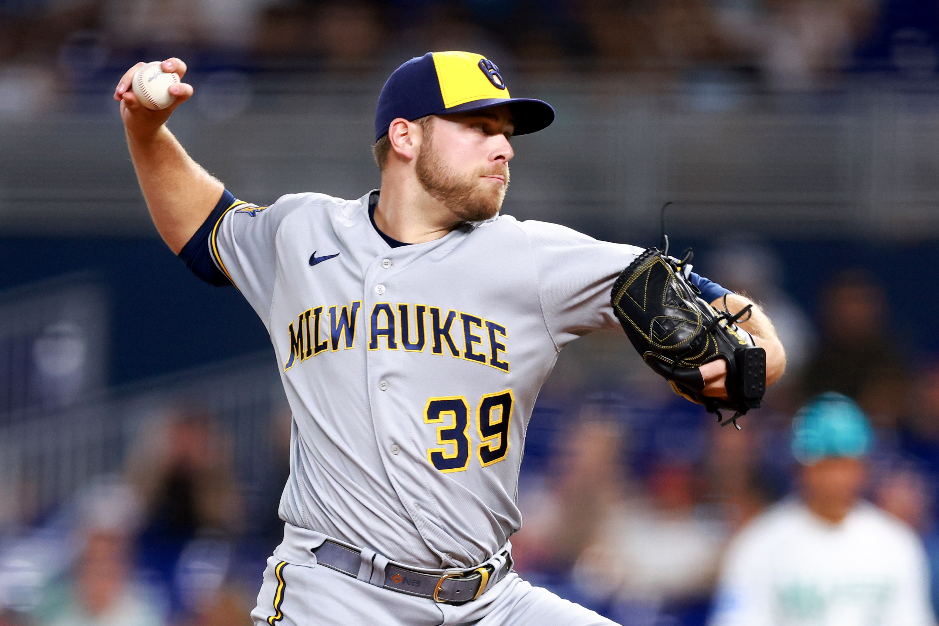 Corbin Burnes of the Milwaukee Brewers pitches against the Miami Marlins during the first inning of the game at loanDepot park on September 22, 2023 in Miami, Florida.