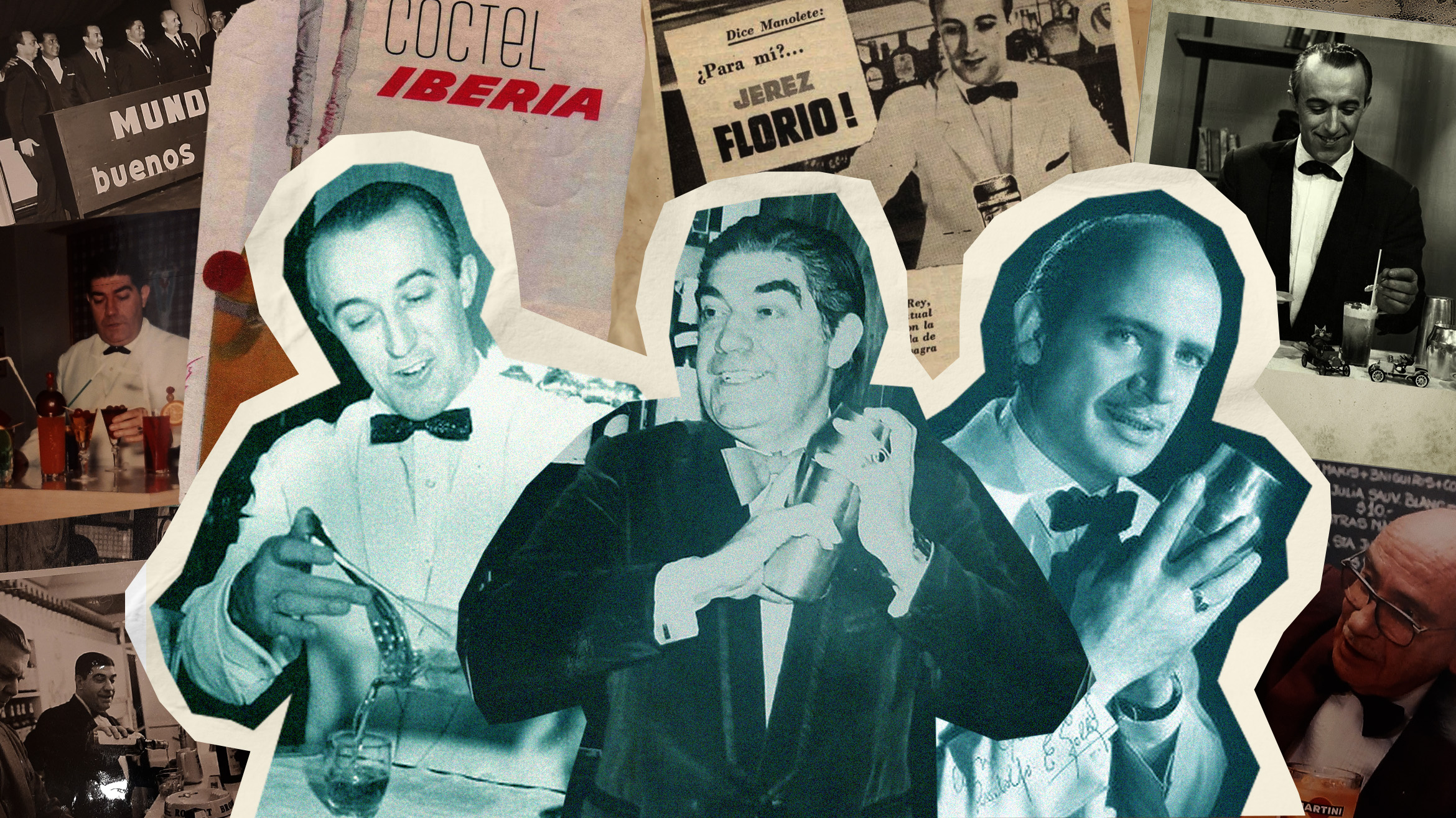 A collage of three black-and-white photos of bartenders on a backdrop of vintage bar scenes