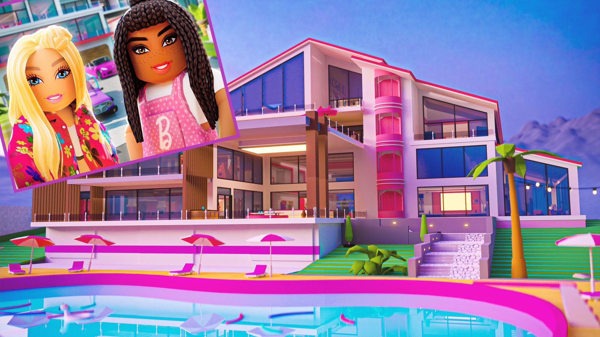 An image of a Barbie Dreamhouse in the background, with a picture of two Barbie-inspired Roblox characters superimposed in the top left corner of the image