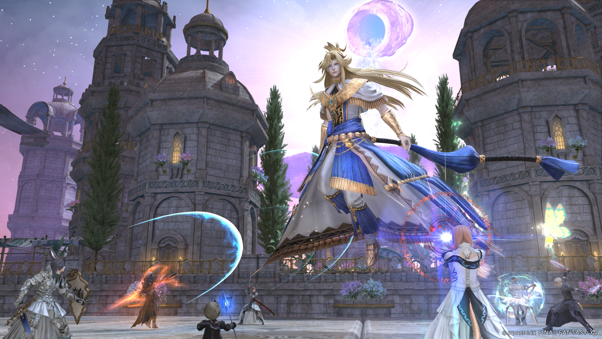 Players tackle a beautiful, floating sorceress in a battle scene from Final Fantasy 14