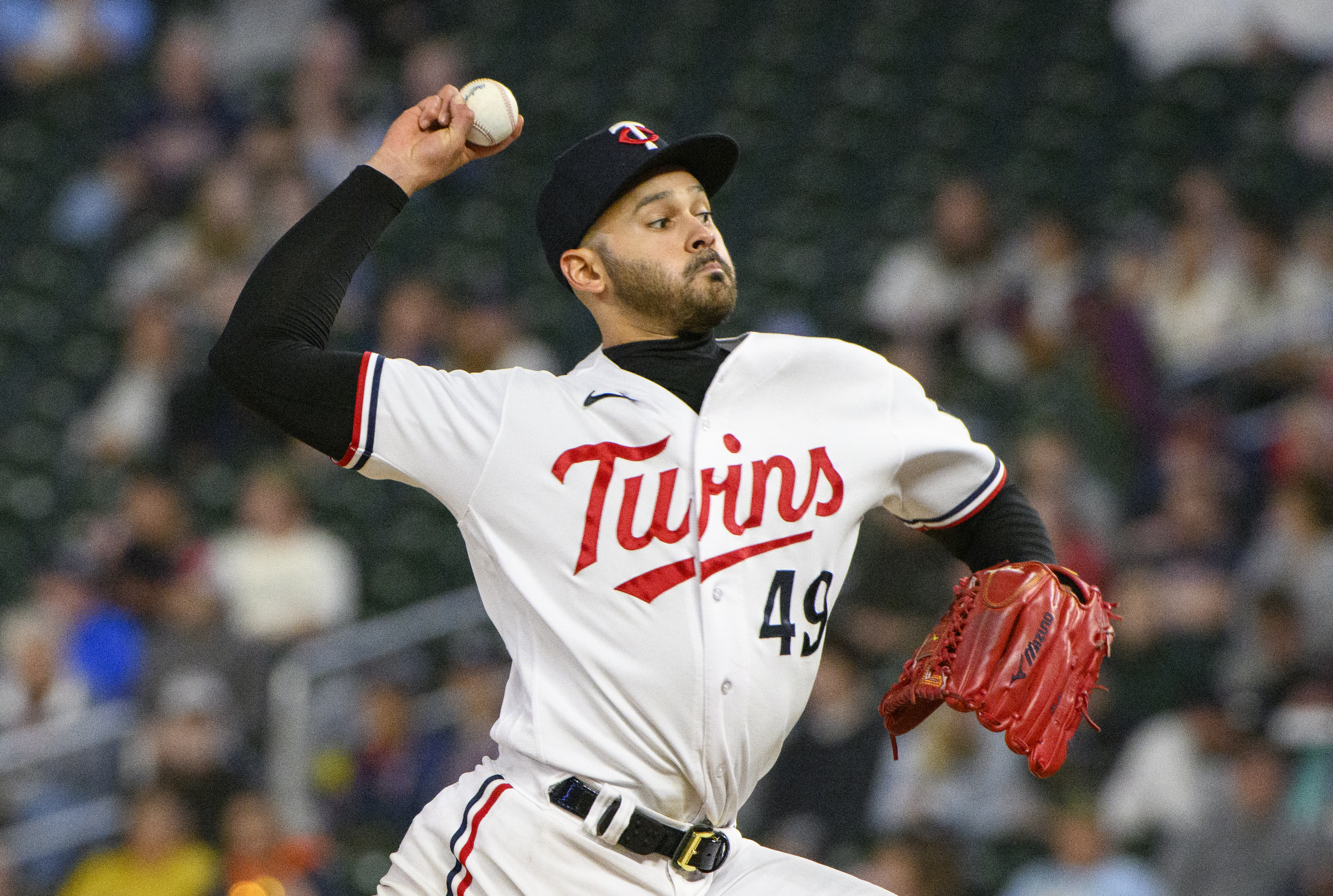 Pablo Lopez #49 of the Minnesota Twins pitches the ball in the fifth inning of the game against he Oakland Athletics at Target Field on September 27, 2023 in Minneapolis, Minnesota.