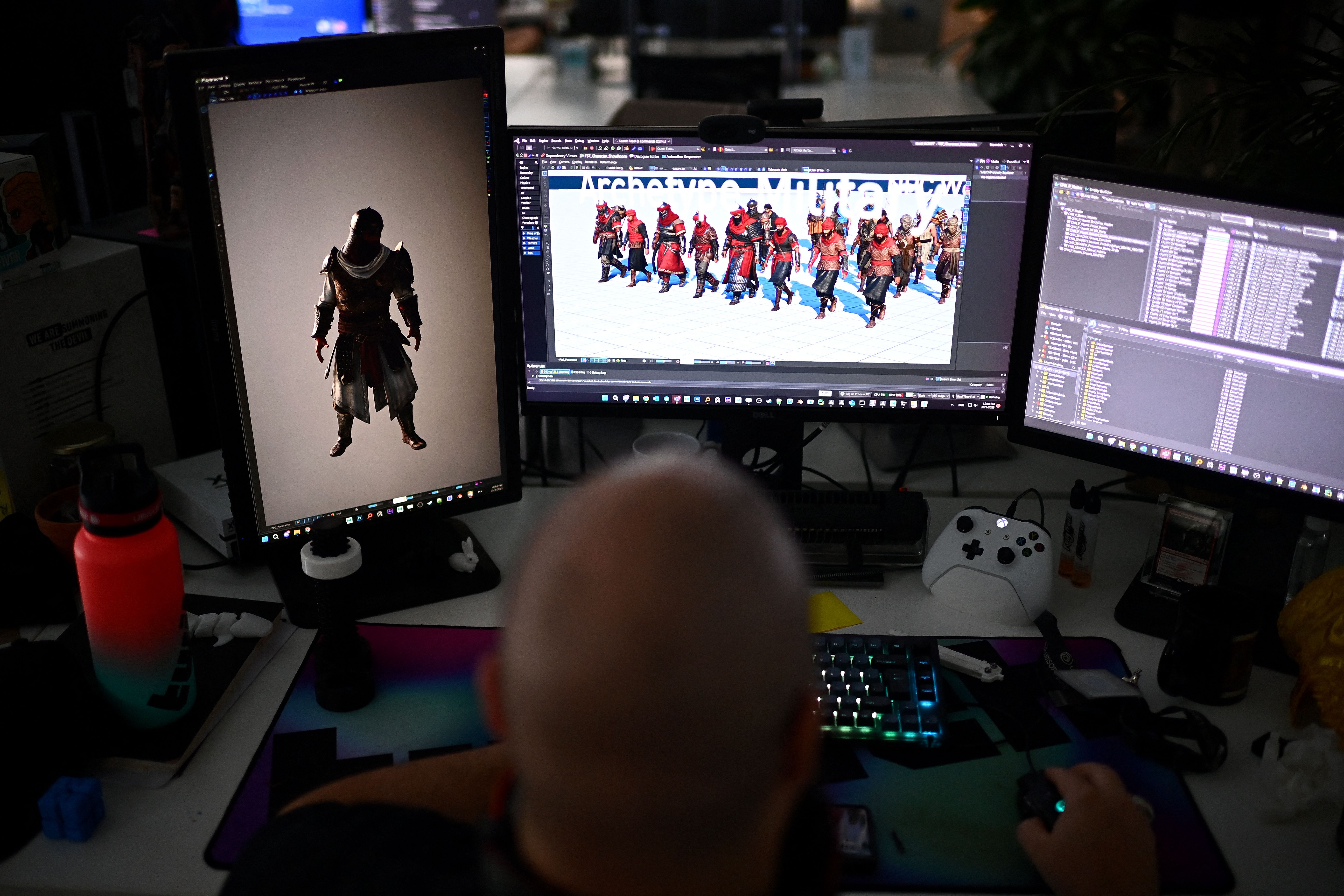 A designer works on characters from Ubisoft’s forthcoming video game “Assassin’s Creed Mirage” at the Ubisoft studio in Bordeaux, southwestern France, on October 3, 2023. World capital of wine, Bordeaux has become a stronghold of French video games, as evidenced by the release on October 5, 2023 of the last chapter of the “Assassin’s Creed” saga, developed for the first time in Ubisoft’s local studios.
