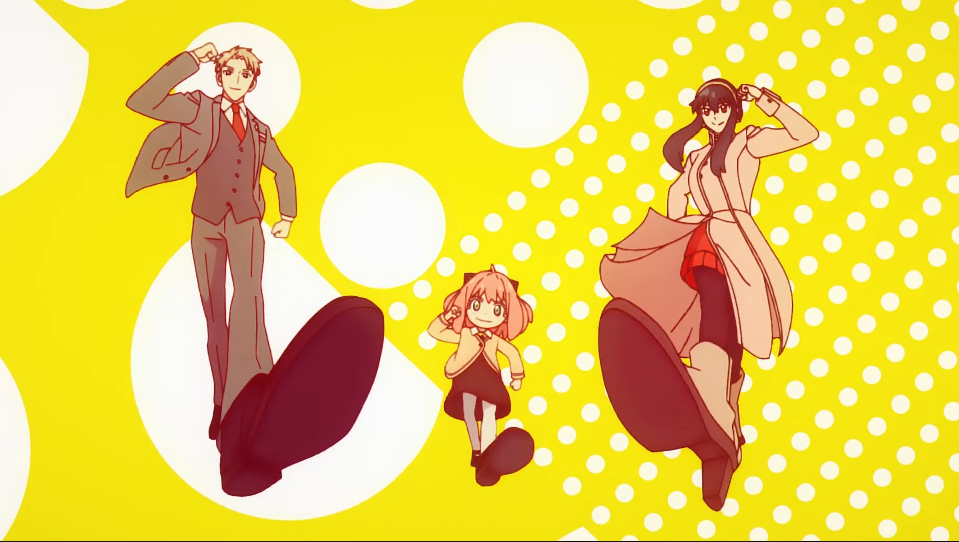 (L-R) Loid, Anya, and Yor Forger marching side-by-side in front of a yellow and white polka dot background in Spy x Family season 2.