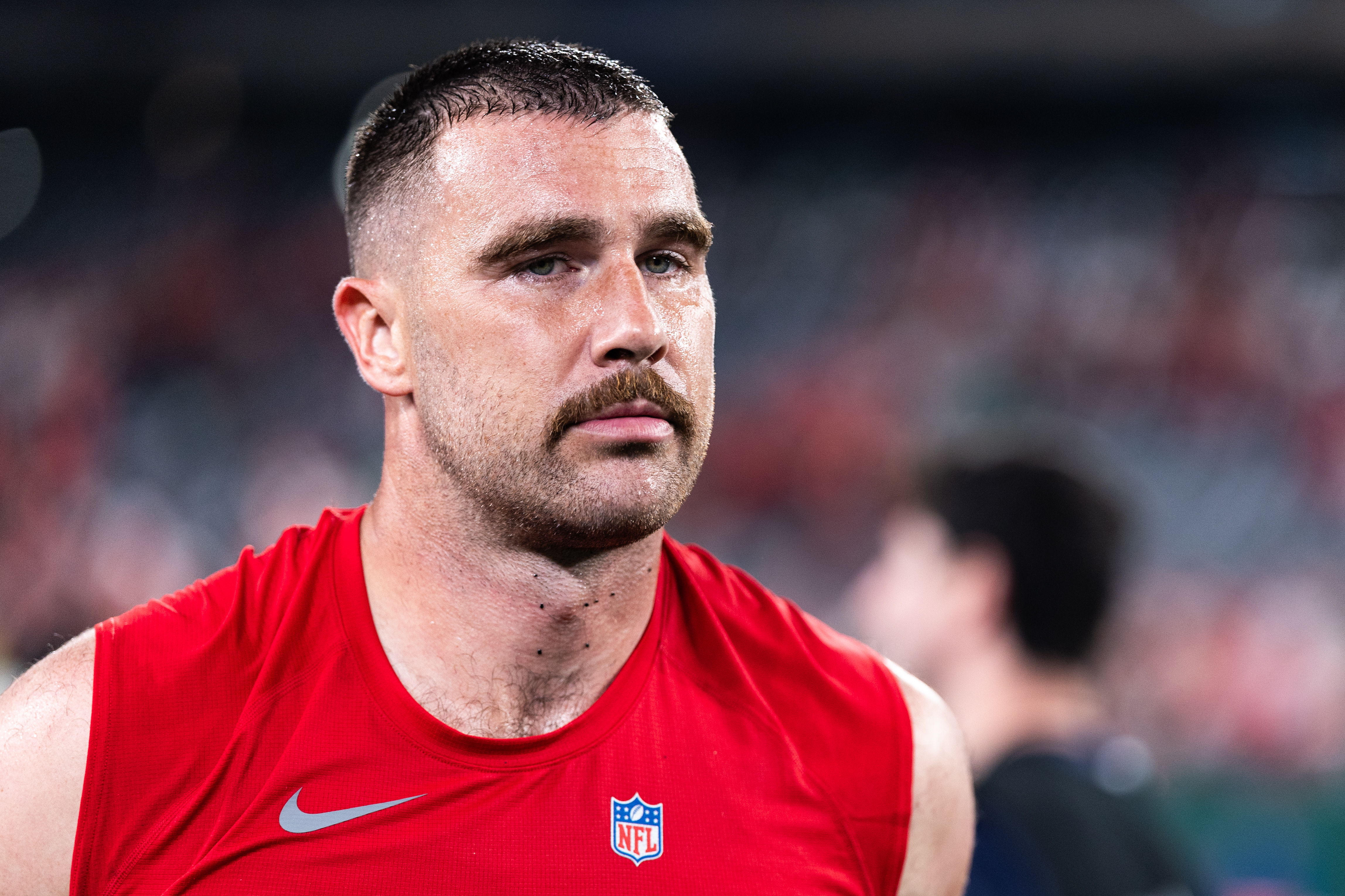 Travis Kelce #87 of the Kansas City Chiefs looks on after defeating the New York Jets in the game at MetLife Stadium on October 01, 2023 in East Rutherford, New Jersey.