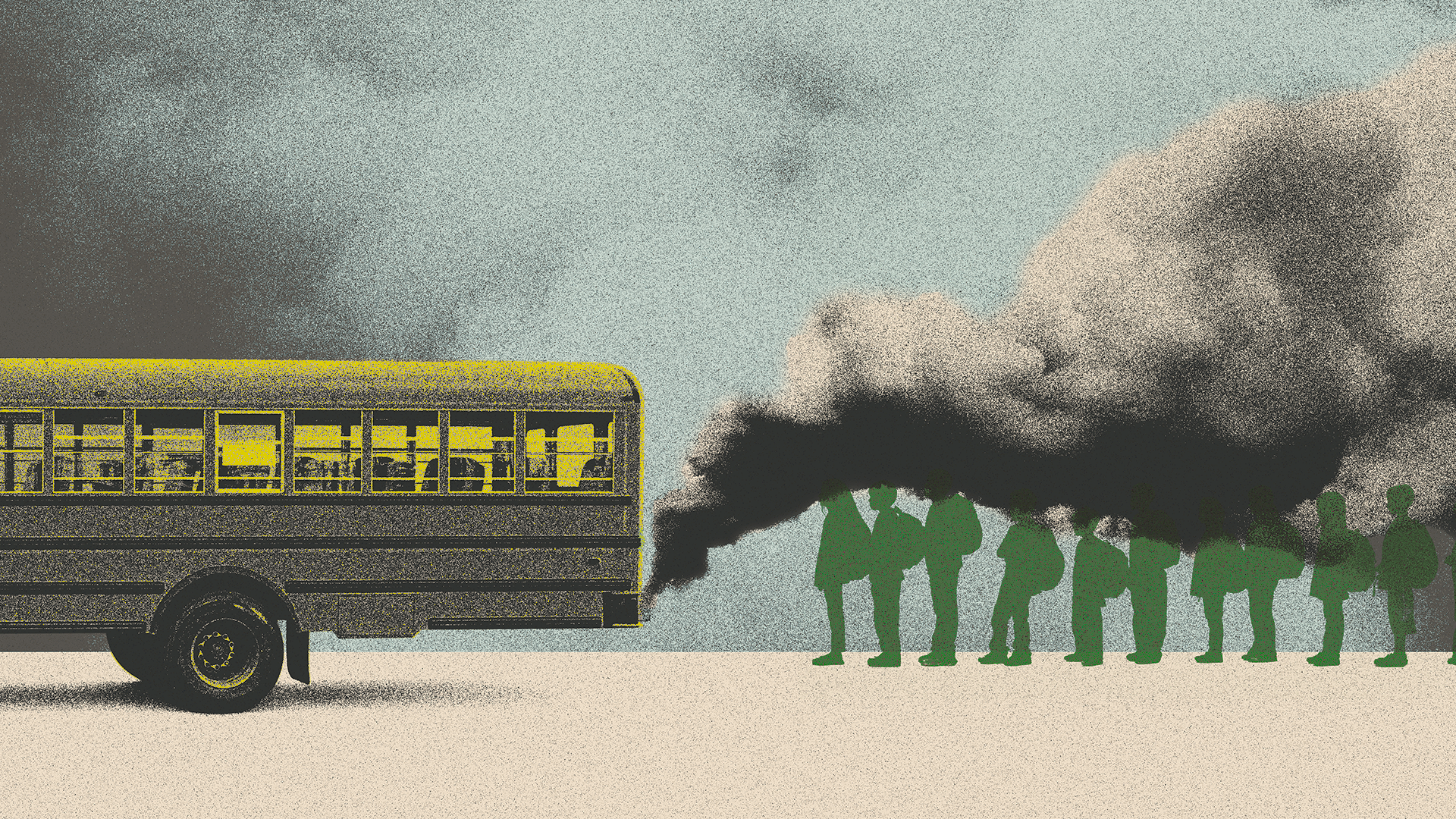 A giant pollution cloud is being emitted from a diesel-run school bus. The cloud surrounds a line of children just behind it.
