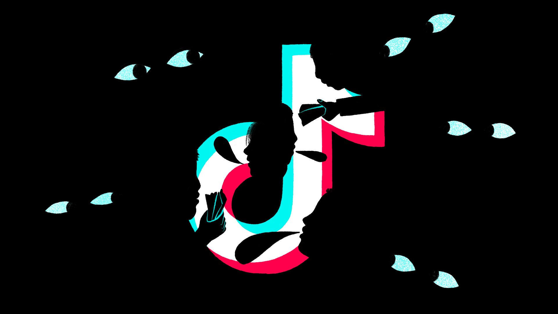 Illustration of five sets of eyes focusing on a TikTok logo. You can see darkened silhouettes of people talking and passing money to others within the logo.