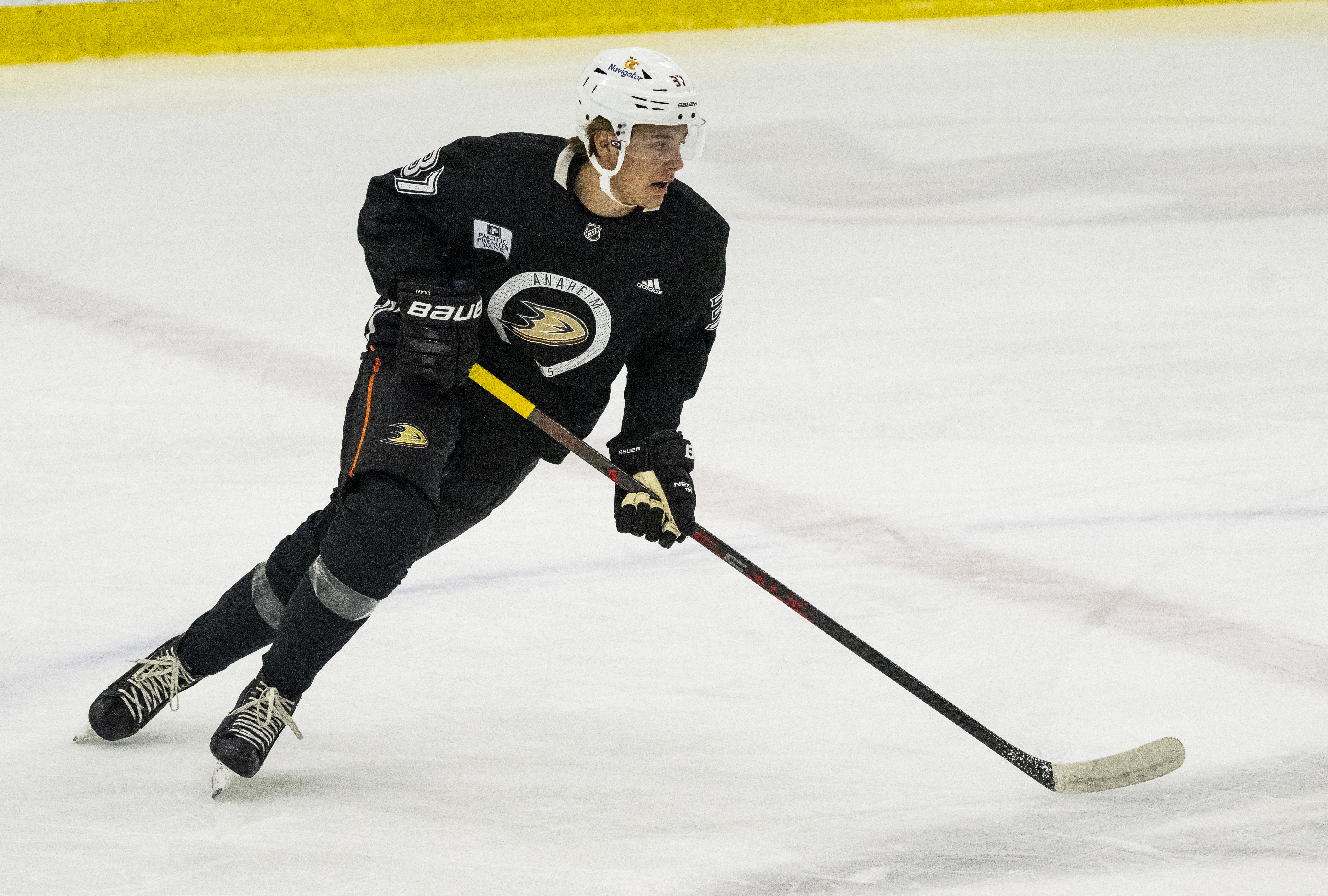 Leo Carlsson practices during the Anaheim Ducks development camp at Great Park Ice in Irvine, CA on Thursday, July 6, 2023.