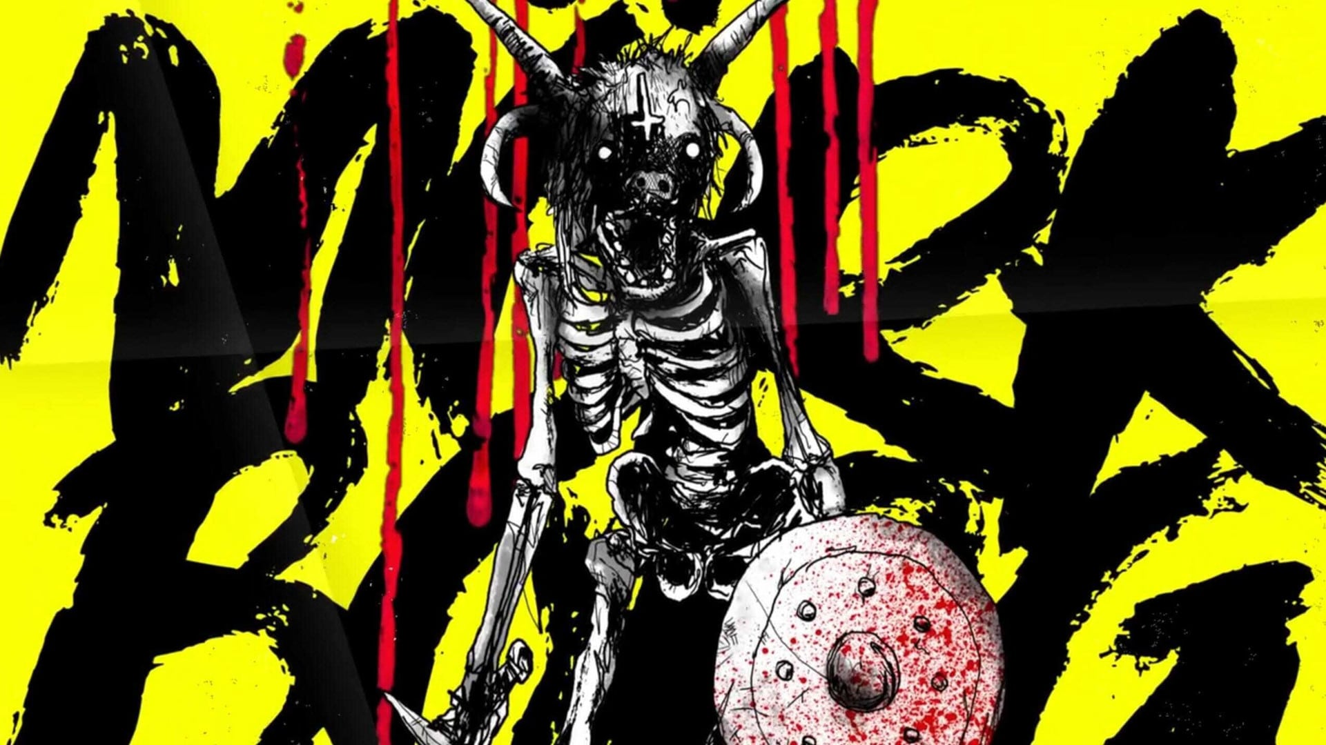 Image: MORK BORG a skeleton stands with a simple shield against a stark yellow background