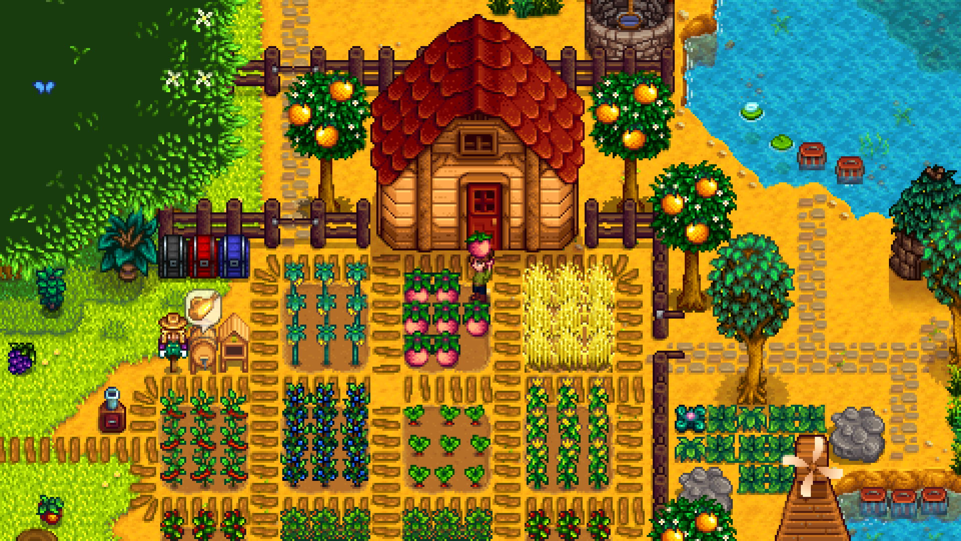 A farmer in Stardew Valley, standing in a verdant farm. They are holding a fruit above their head.