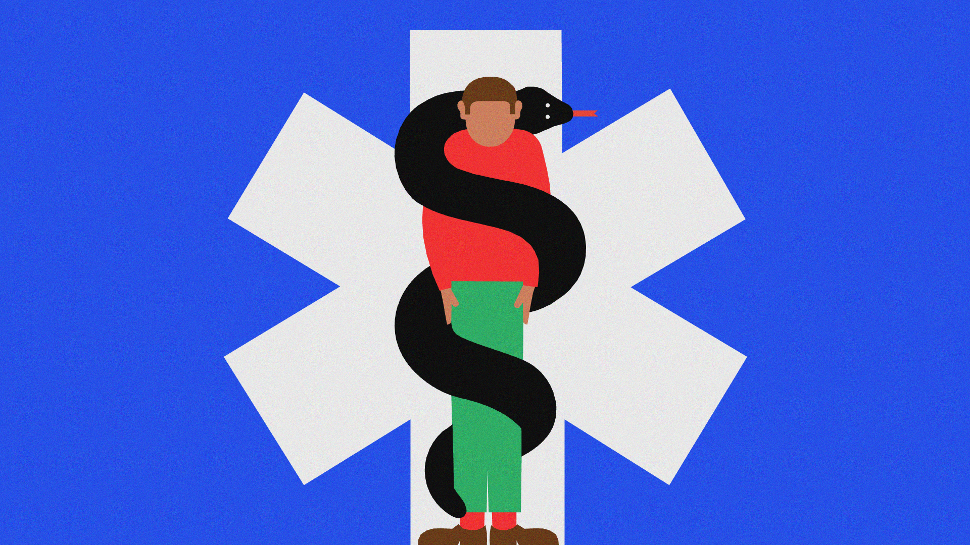 A man being held in place by a serpent tightly wound around his body, in the style of the rod of Asclepius.