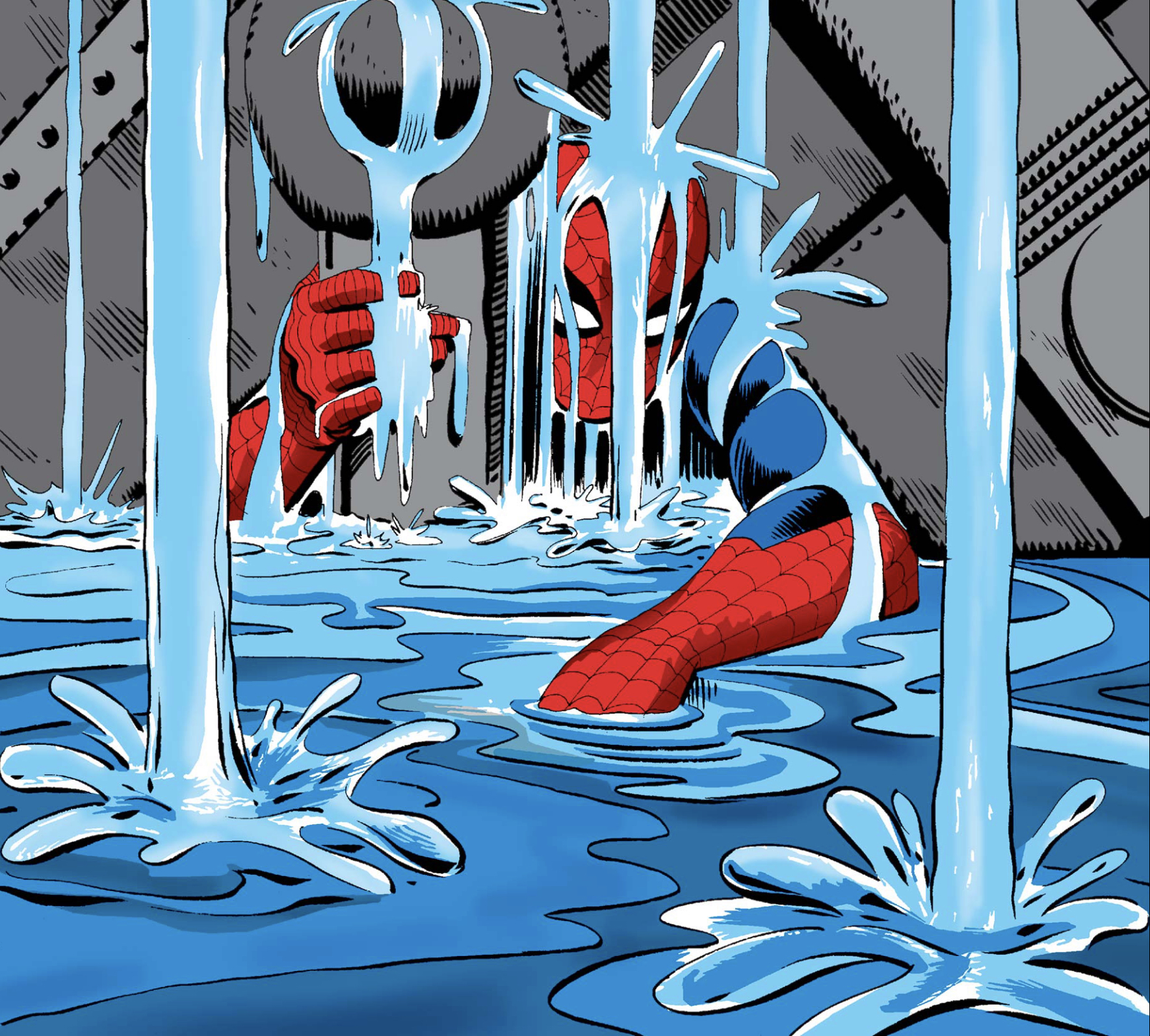 Pinned under a huge stone and metal structure, Spider-Man lies prone, water pouring over his head and arms and rising around him on the cover of Amazing Spider-Man #33.