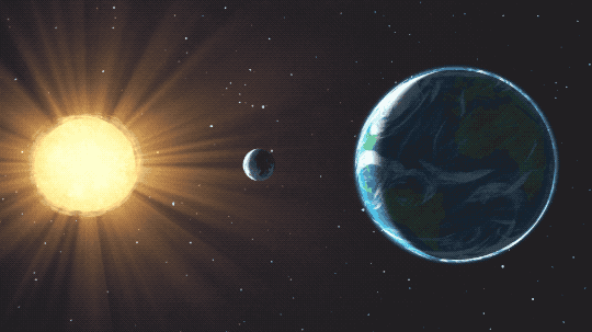 Animated illustration showing the sun beaming light toward the Earth. The moon between the sun and the Earth casts a shadow.