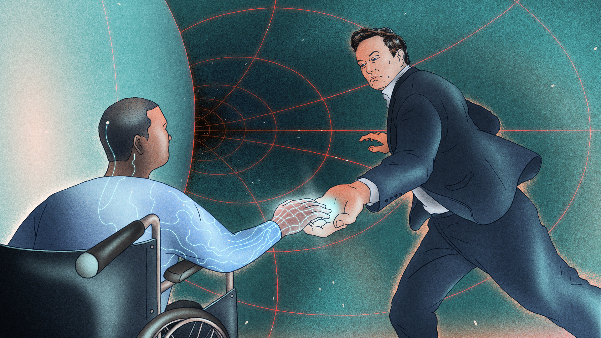 An illustration of Elon Musk attempting to guide a man using a wheelchair into a mysterious, dark tunnel. The man has glowing threads that run from his hand to his head.