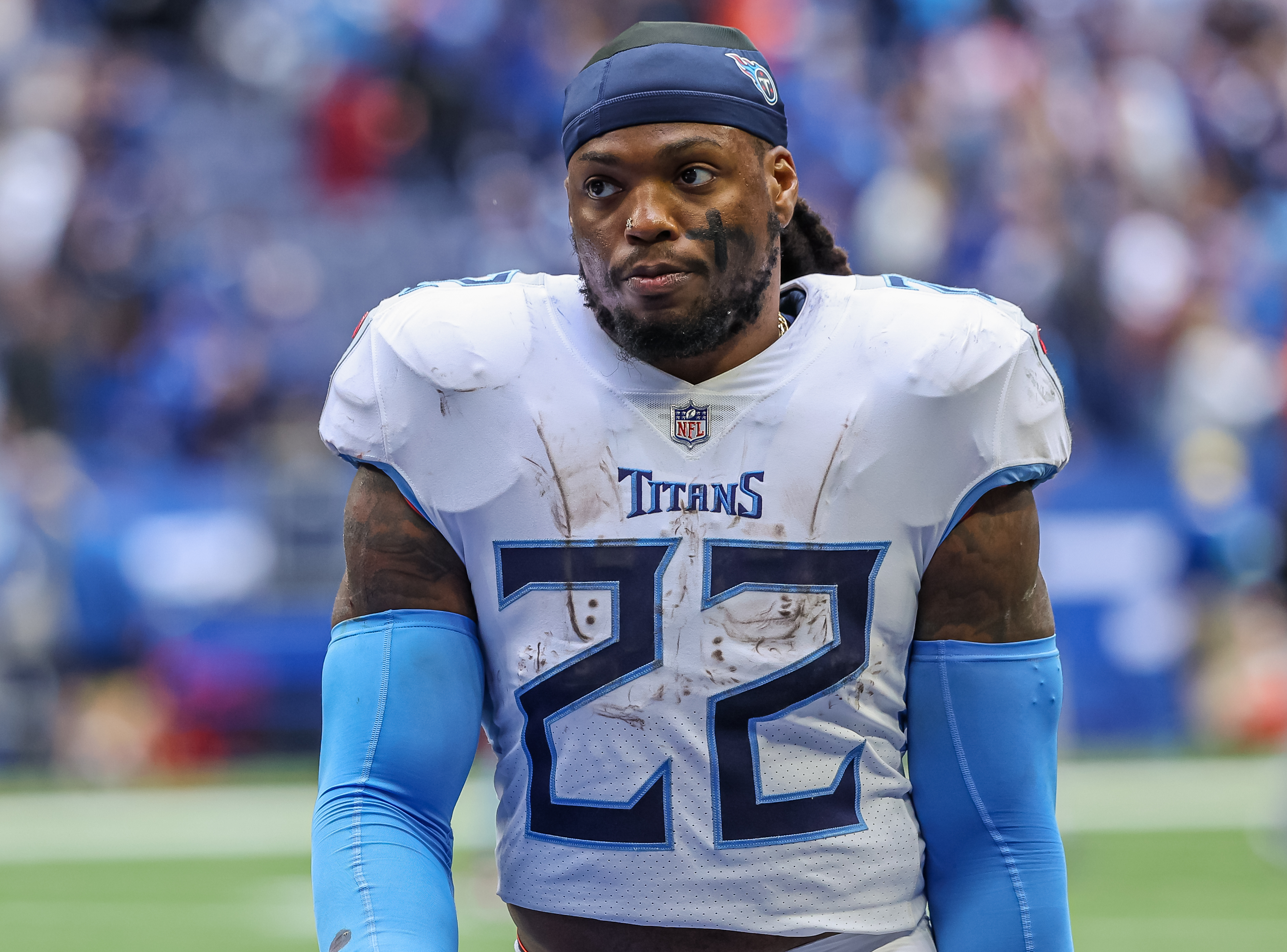 Derrick Henry of the Tennessee Titans is seen after the game against the Indianapolis Colts at Lucas Oil Stadium on October 8, 2023 in Indianapolis, Indiana.