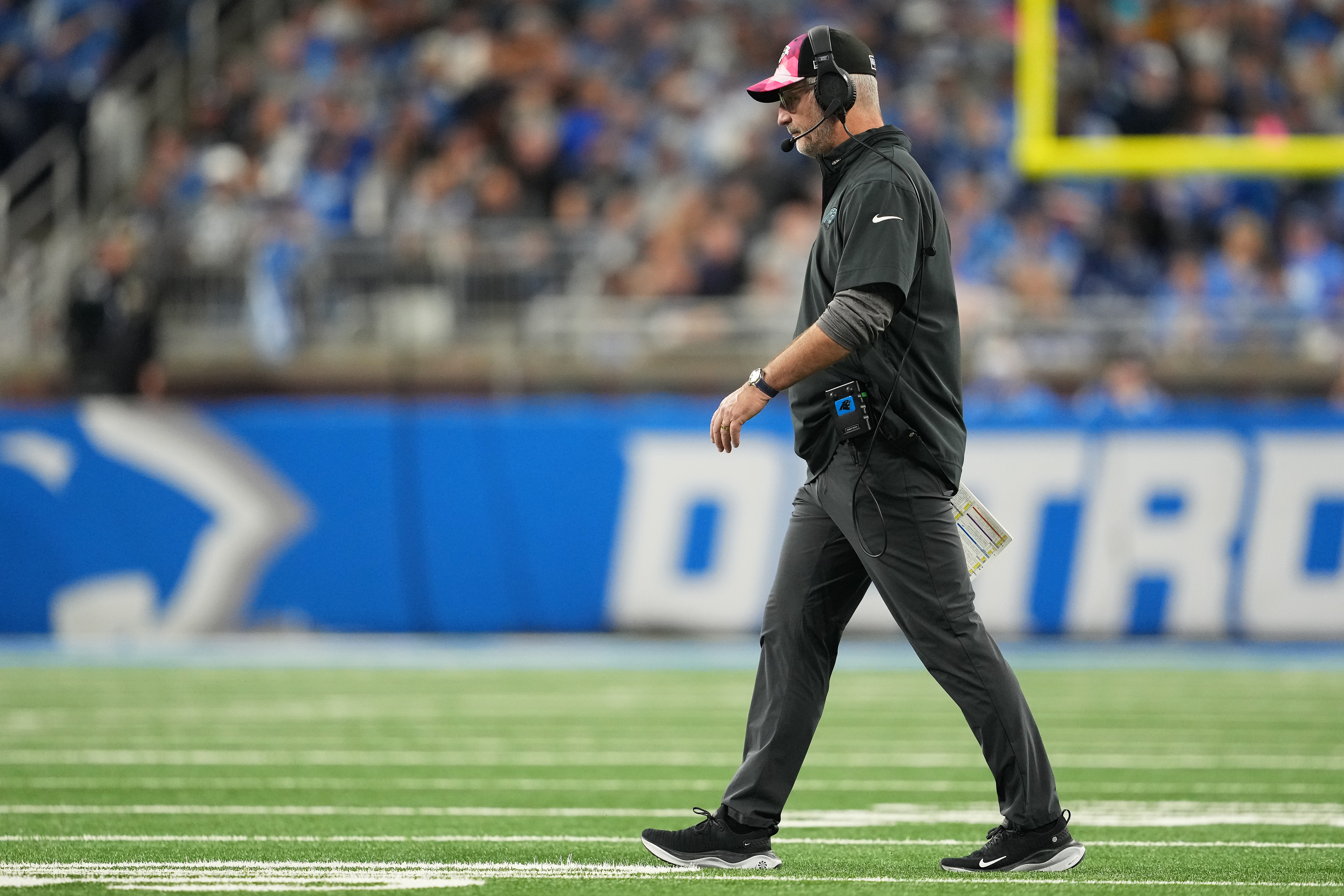 Head coach Frank Reich of the Carolina Panthers looks on during the second half against the Detroit Lions at Ford Field on October 08, 2023 in Detroit, Michigan.