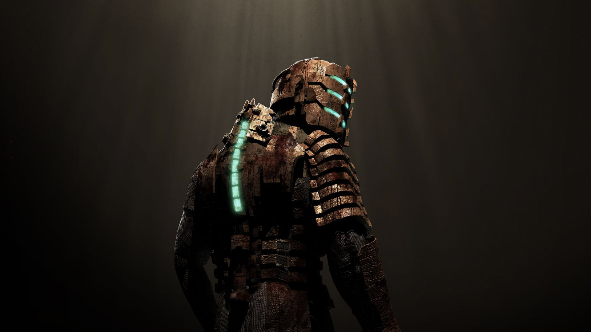 Artwork of Isaac Clarke from Dead Space. His back is toward the viewer and the backdrop is darkness.