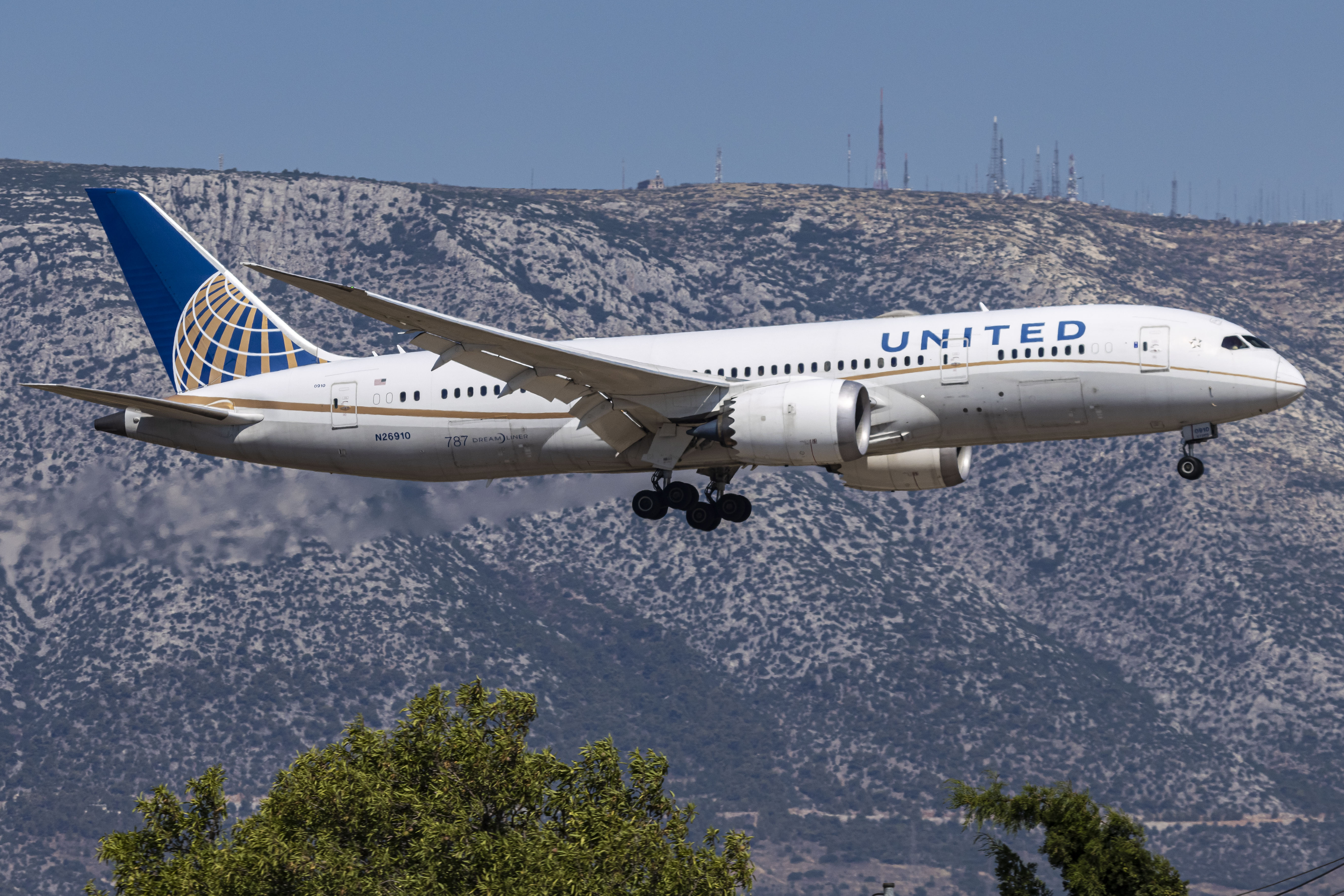 United Airlines Boeing 787 Dreamliner aircraft as seen on final approach flying and landing at Athens International Airport, the Greek capital arriving from Washington Dulles IAD in the United States of America as flight UA982.
