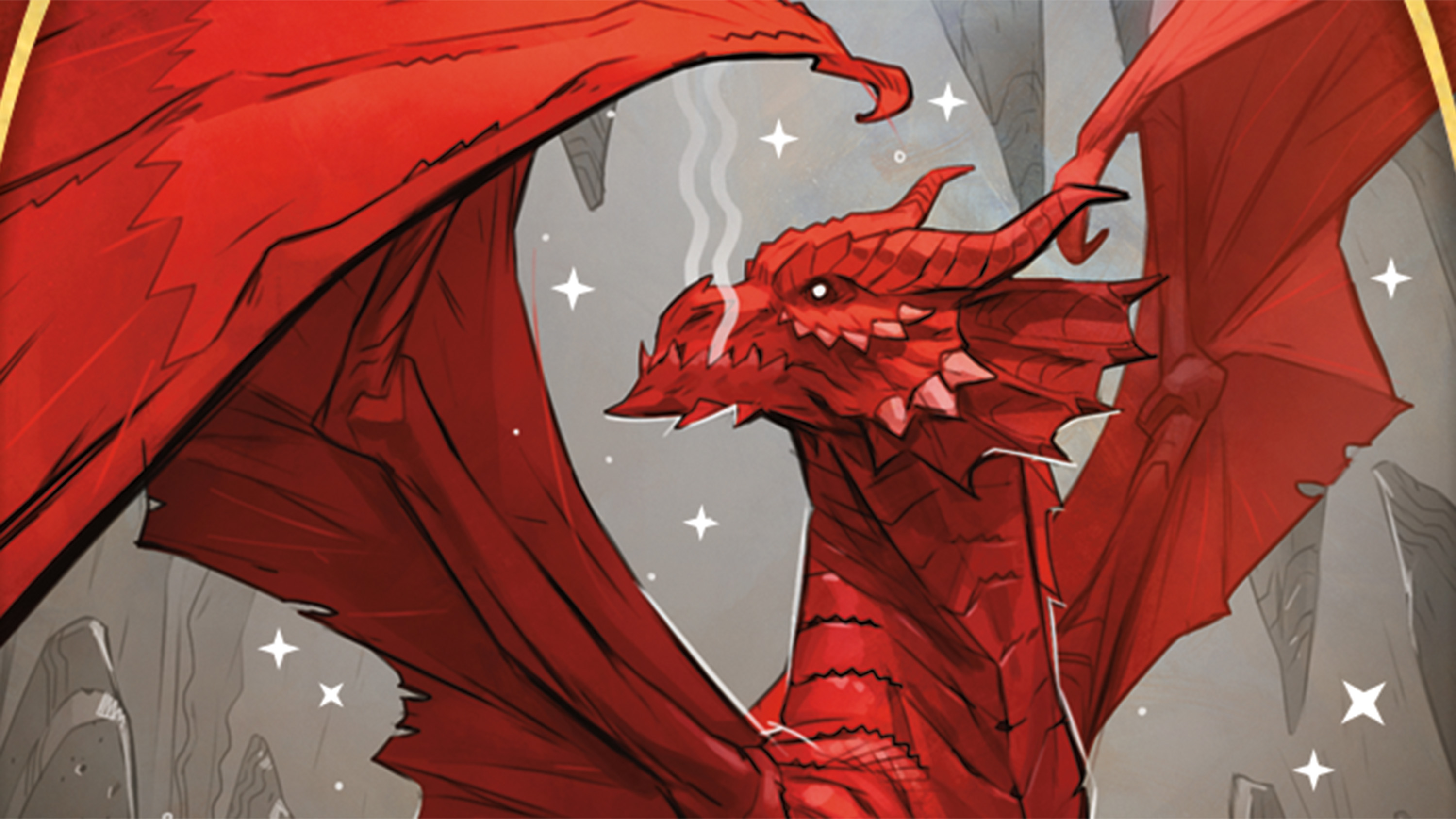A red dragon with smoke rising from his nostrils.
