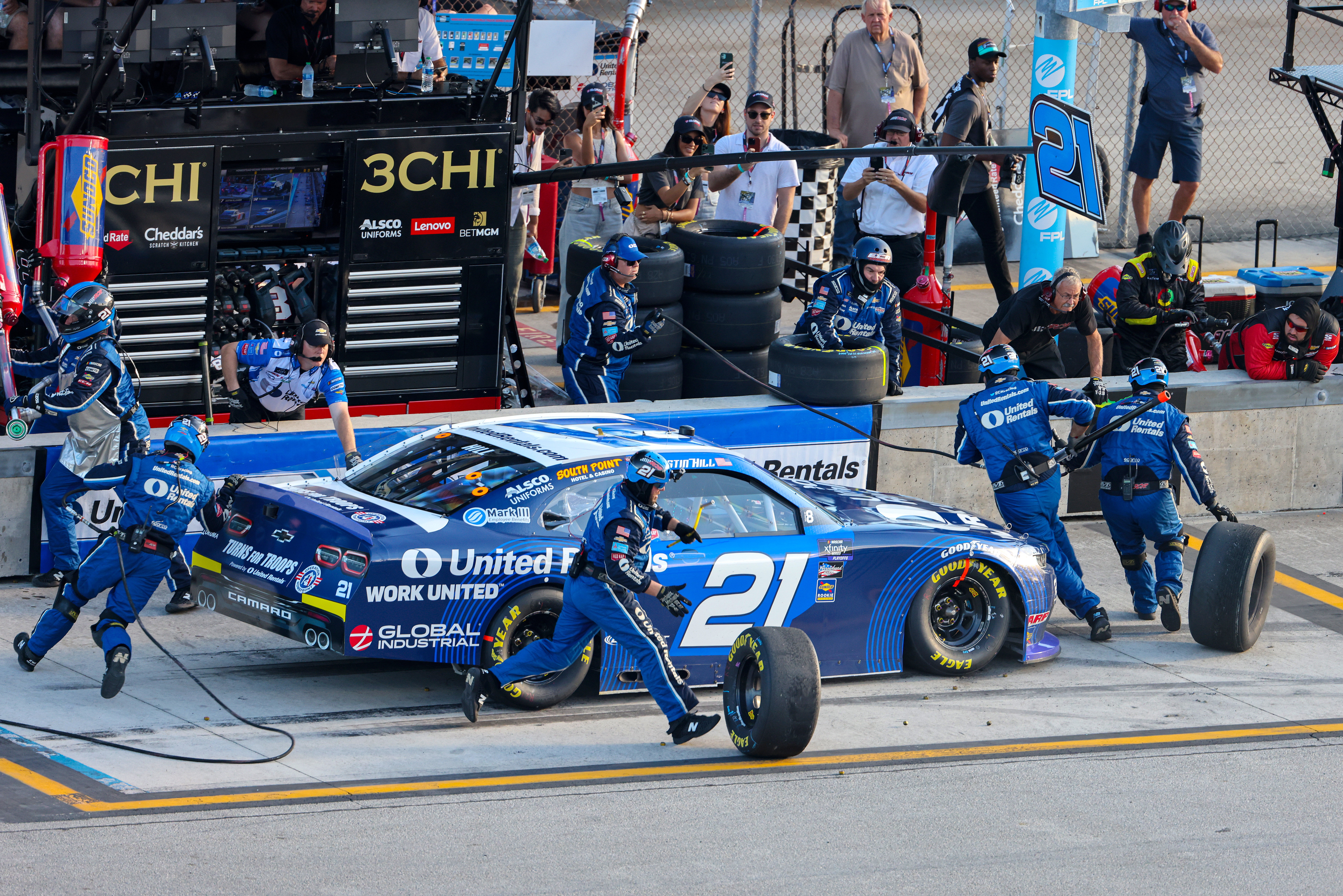 Austin Hill, driver of the #21 United Rentals Chevrolet, pits during the NASCAR Xfinity Series Contender Boats 300 at Homestead-Miami Speedway on October 22, 2022 in Homestead, Florida.
