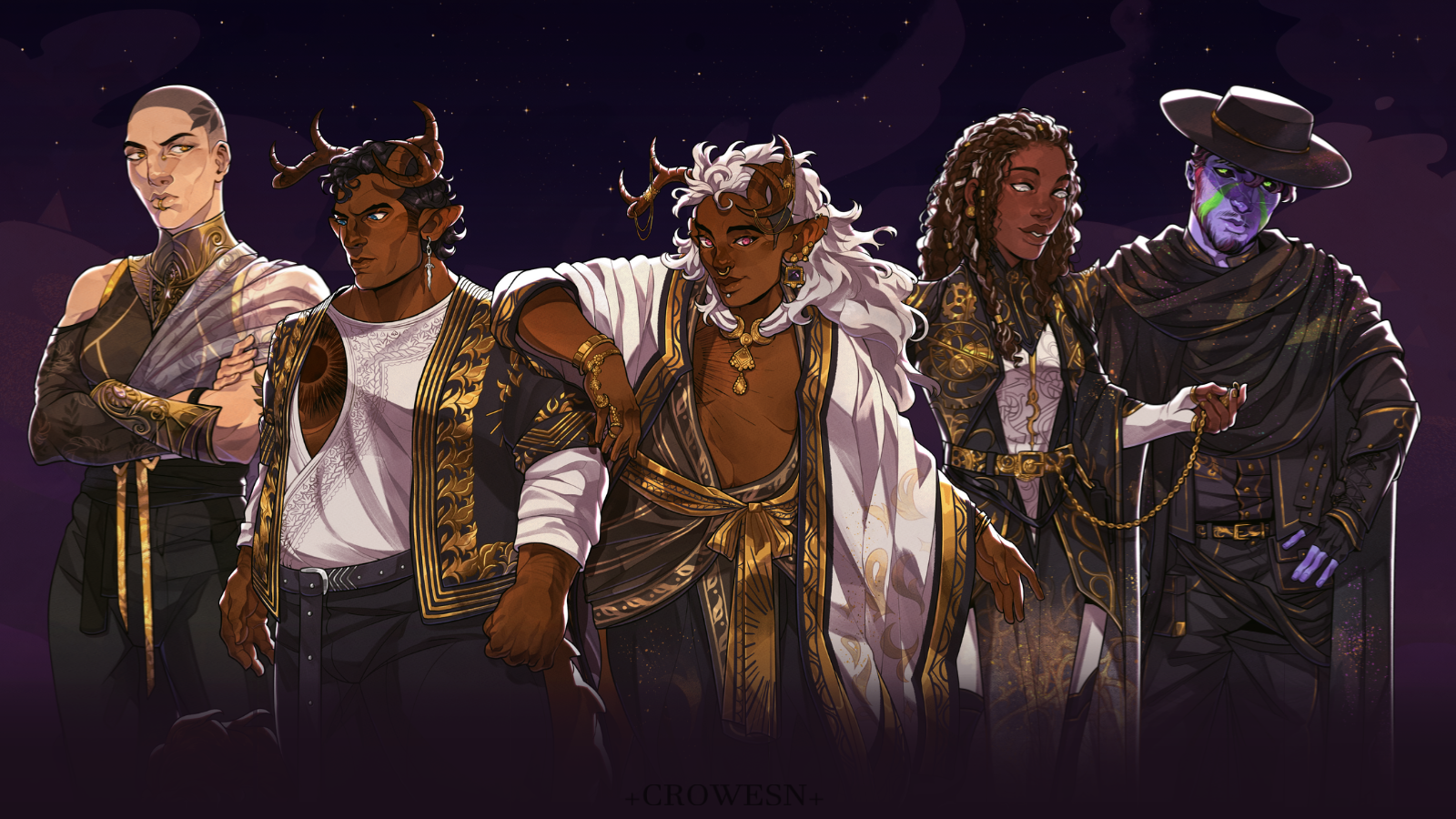 A series of illustrations of characters from a tabletop RPG campaign. They’re all darker skinned, and in a range of D&amp;D classes.