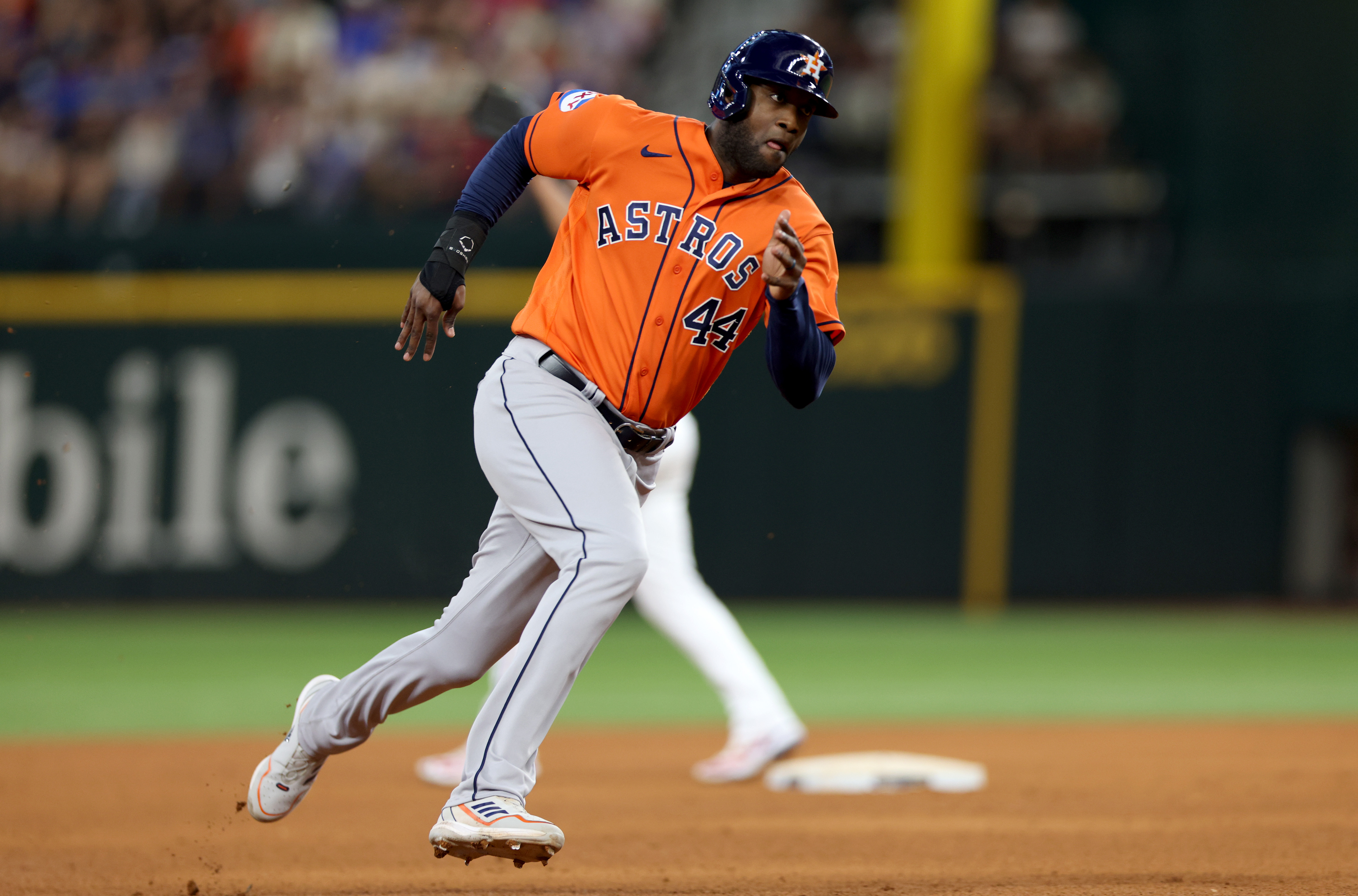 Houston Astros left fielder Yordan Alvarez rounds second during the sixth inning of game five in the ALCS against the Texas Rangers for the 2023 MLB playoffs at Globe Life Field.
