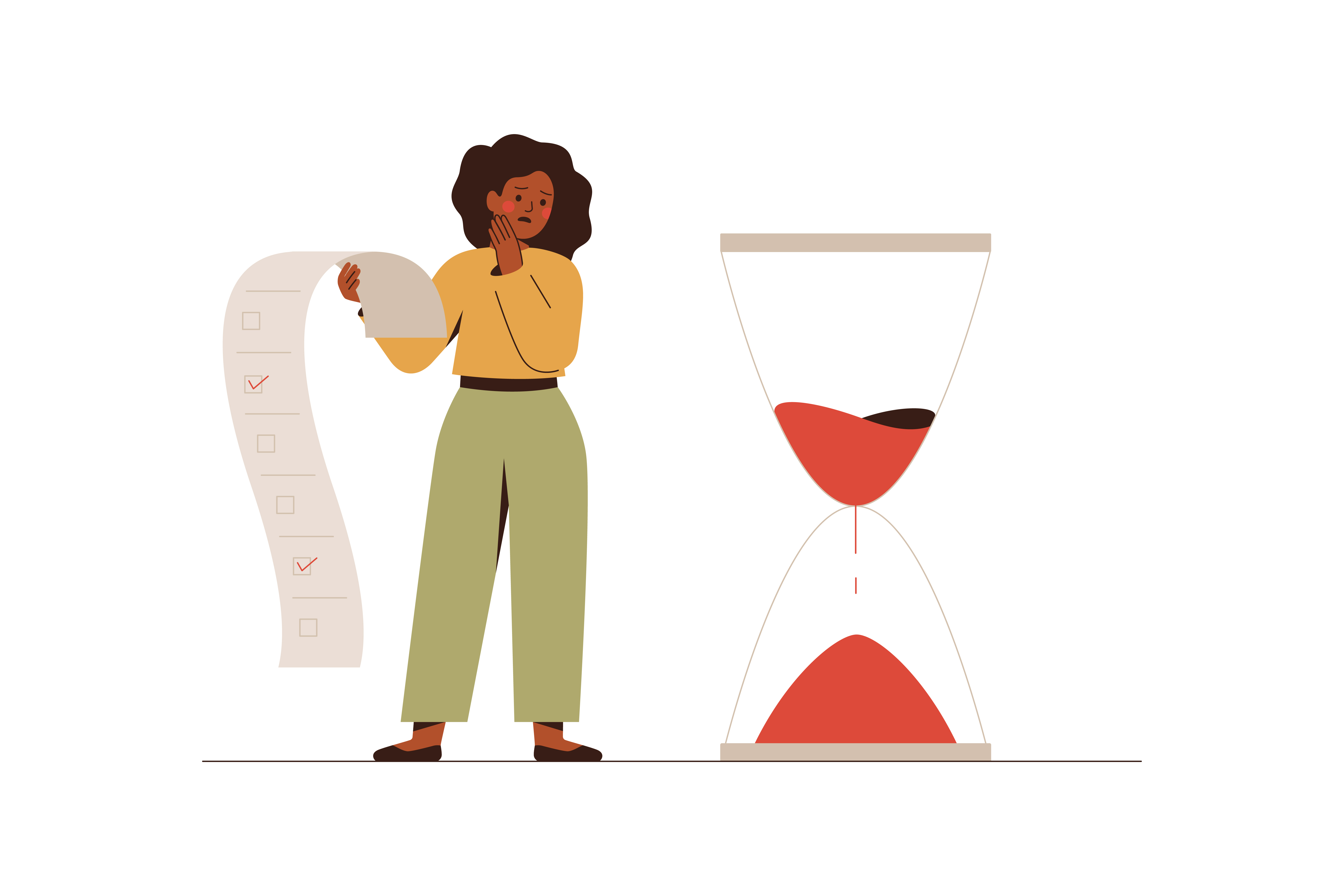 A cartoon of a woman reading a long list while looking at a giant hourglass.