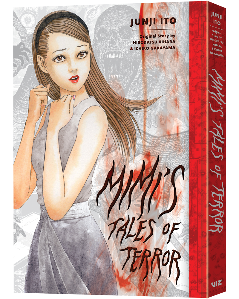 The cover art for Mimi’s Tales of Terror, showing Mimi raising her arms up in fright with the silhouette of a burned man behind her
