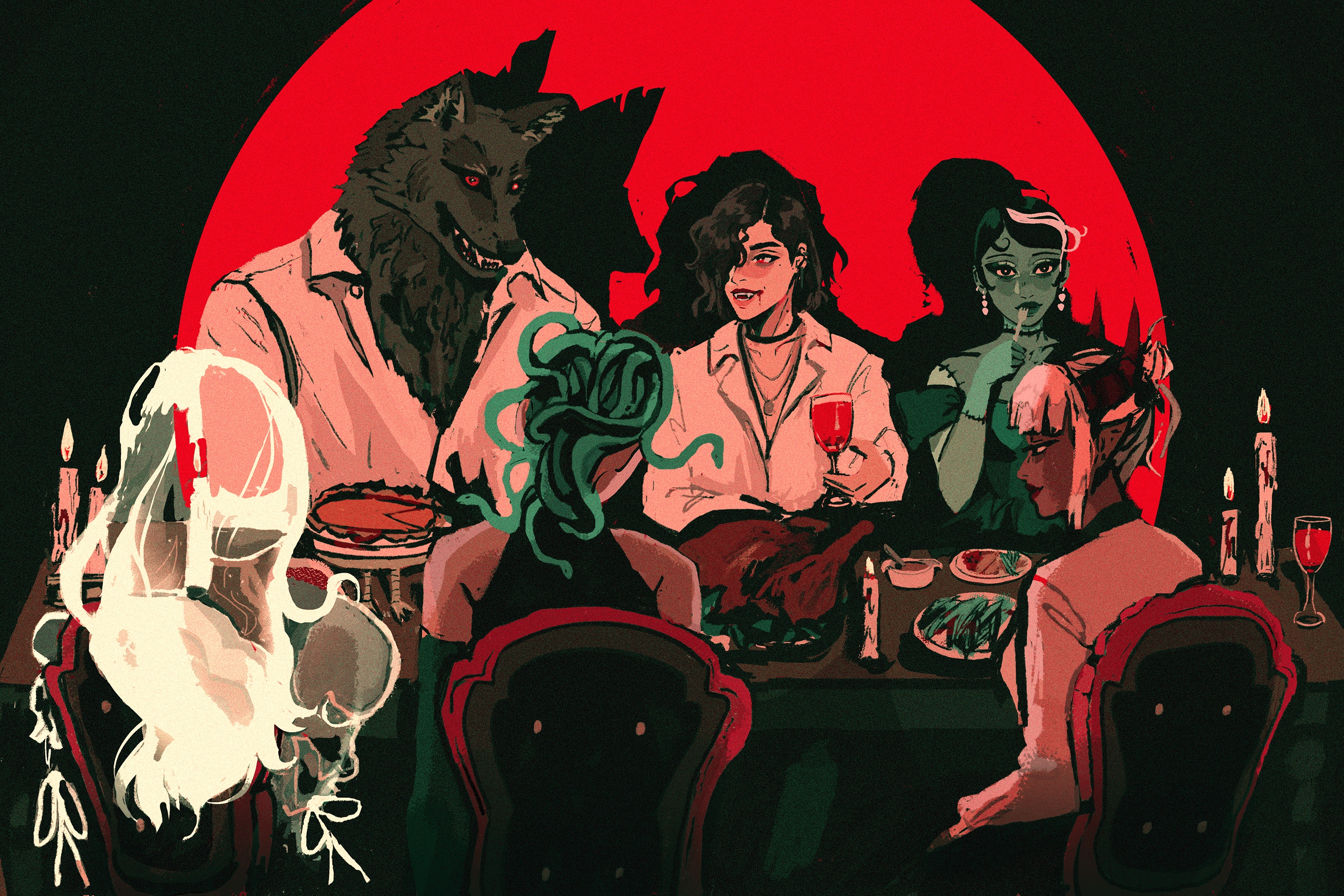 Various vampires sit around a Thanksgiving table, ready to eat and drink