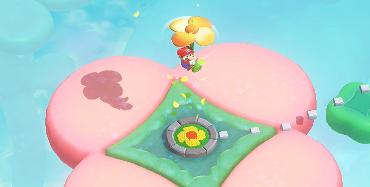 Super Mario Bros. Wonder Mario riding a propeller flower to the Special World.