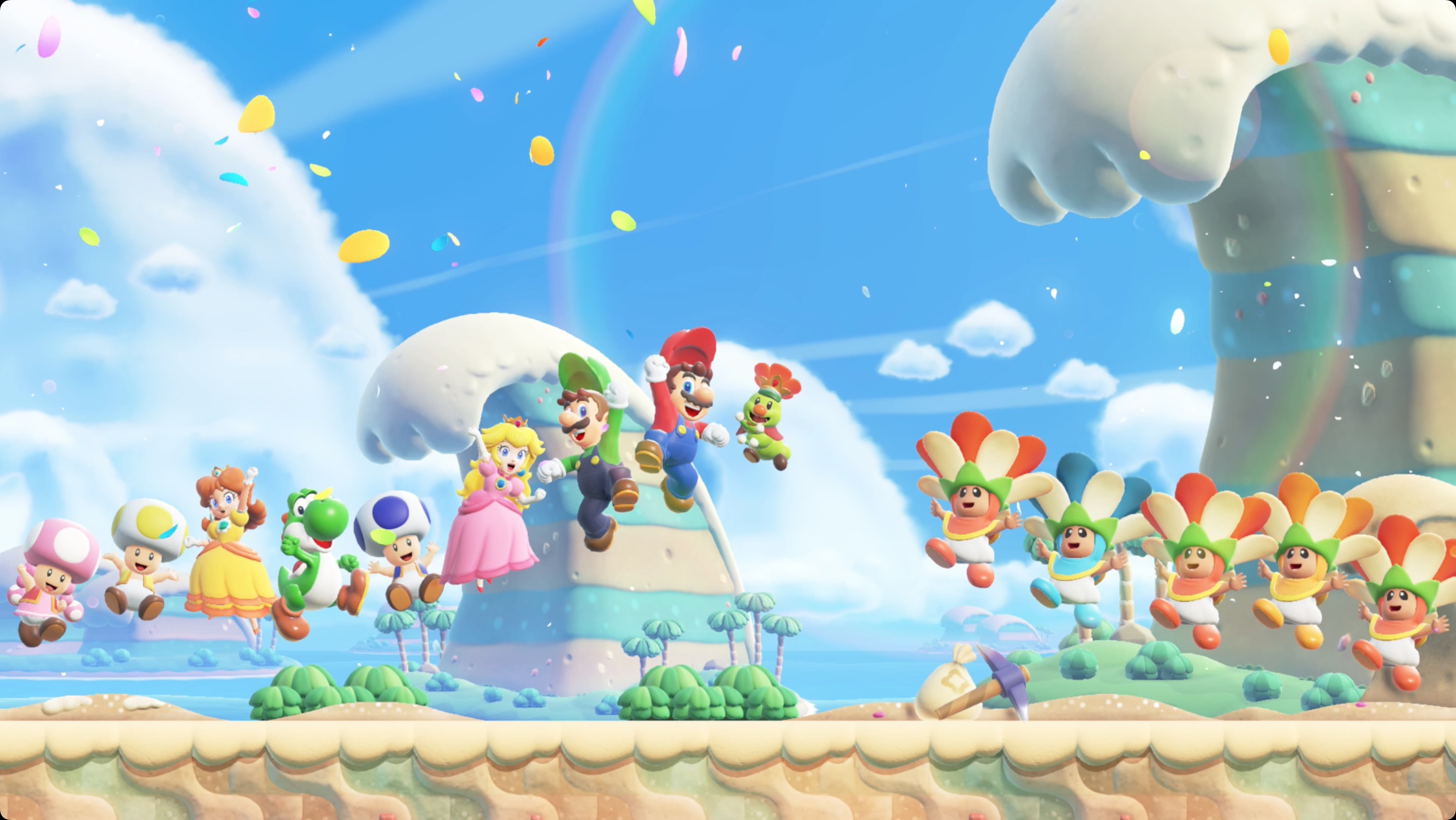 Super Mario Bros. Wonder end screen of all characters celebrating
