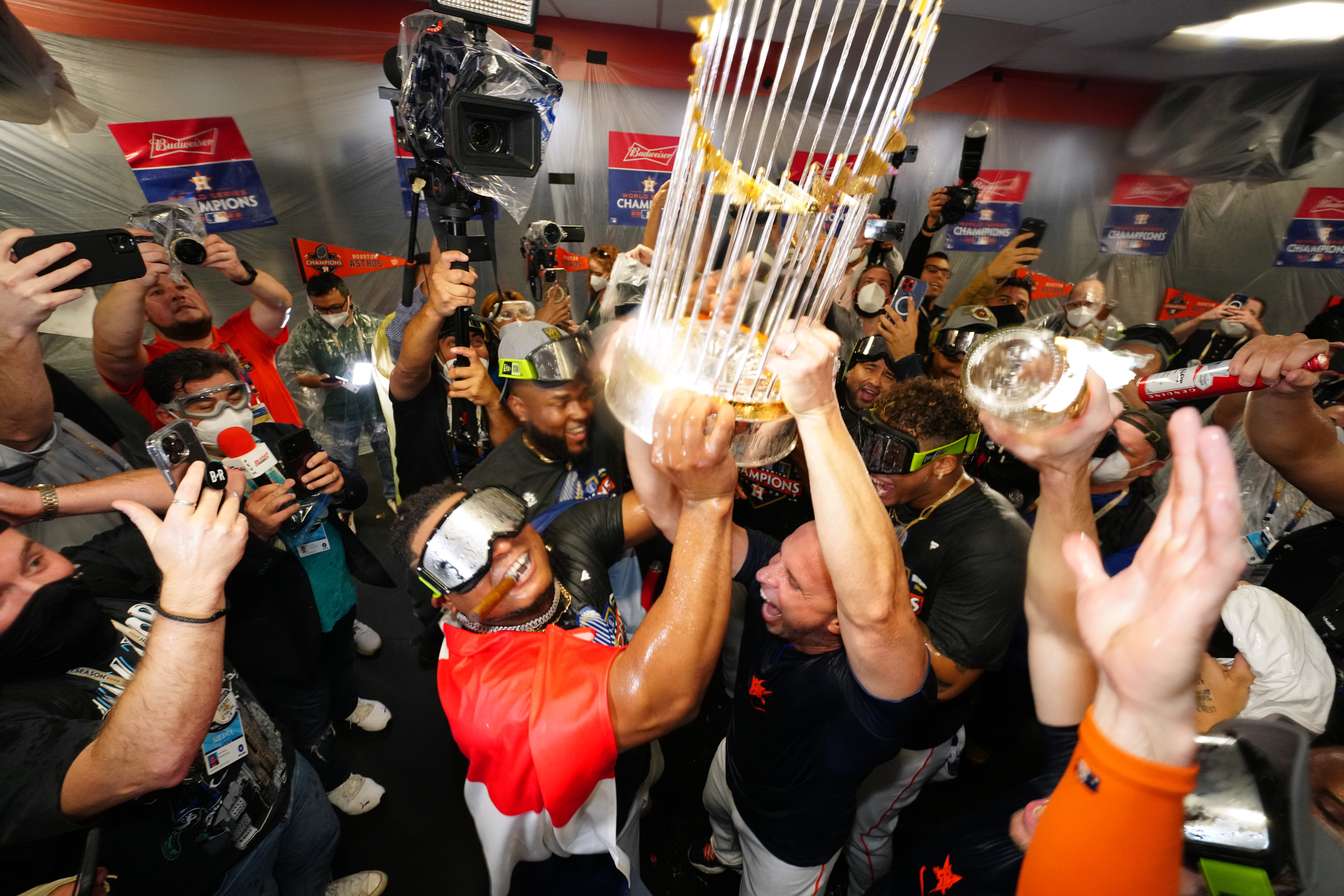 Framber Valdez of the Houston Astros celebrates with teammates in the clubhouse after the Astros defeated the Phillies, 4-1, in Game 6 of the 2022 World Series between the Philadelphia Phillies and the Houston Astros at Minute Maid Park on Saturday, November 5, 2022 in Houston, Texas.