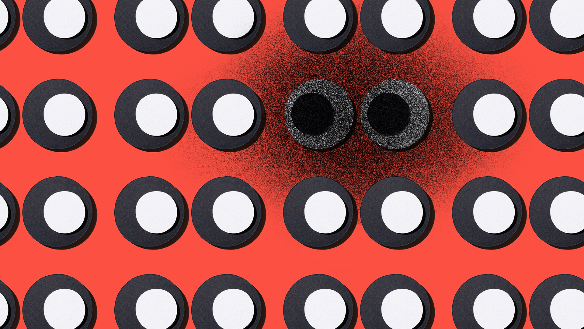 An illustration of a pair of eyes, hidden beneath a dark shadow, staring out to the left. Surrounding the eyes are white dots of the same size, against a red background.