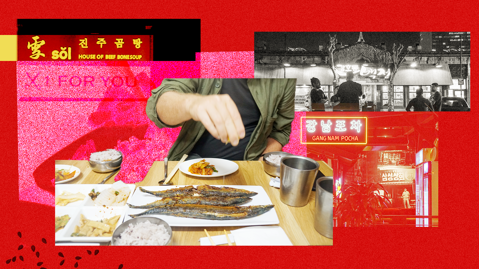 A red-colored collage illustration of dishes and signage from Koreatown, Los Angeles.
