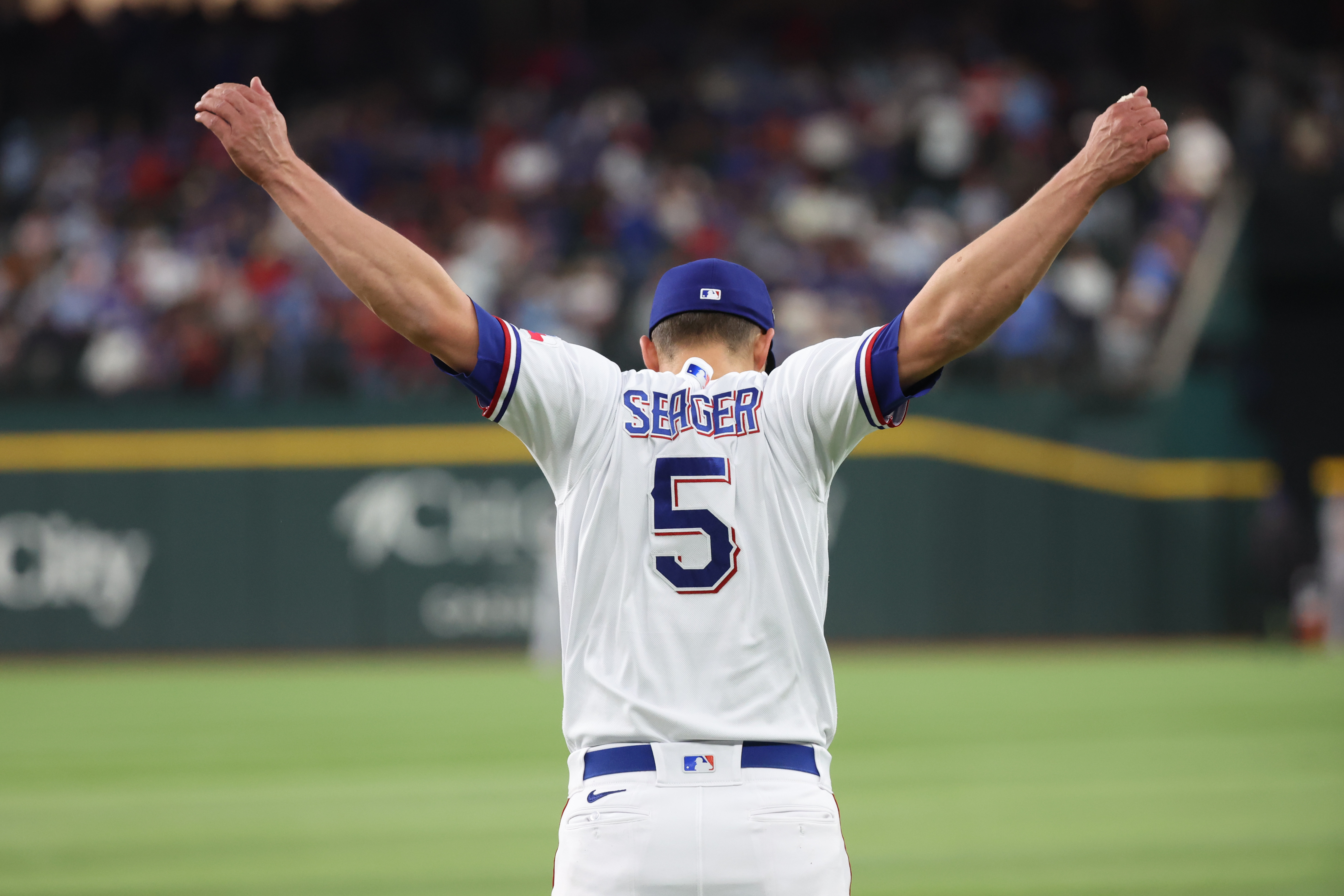 Texas Rangers shortstop Corey Seager warms up before the game against the Arizona Diamondbacks in game two of the 2023 World Series at Globe Life Field.
