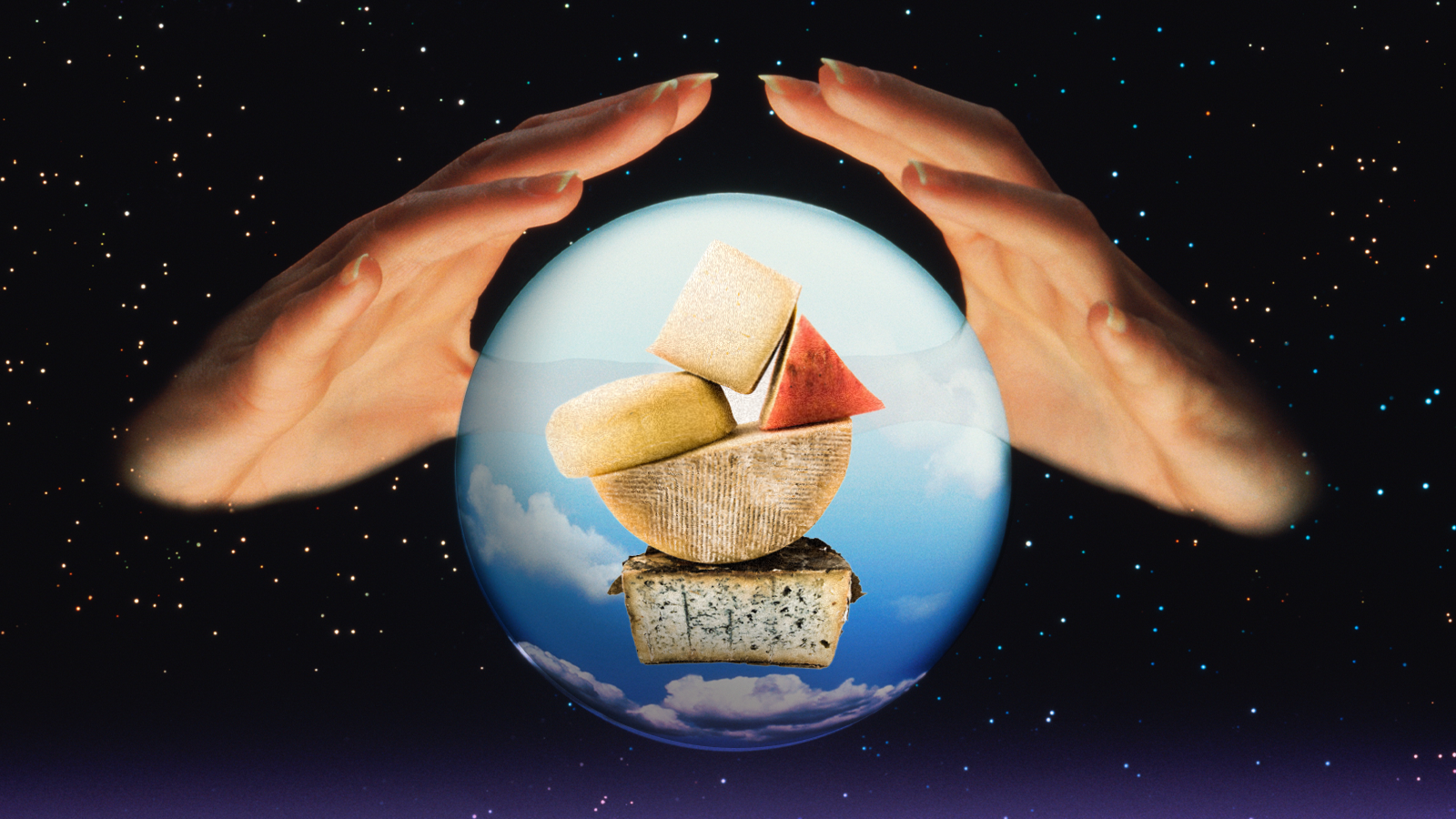 Illustration of a tower of cheese inside a crystal ball, with two hands hovering over.