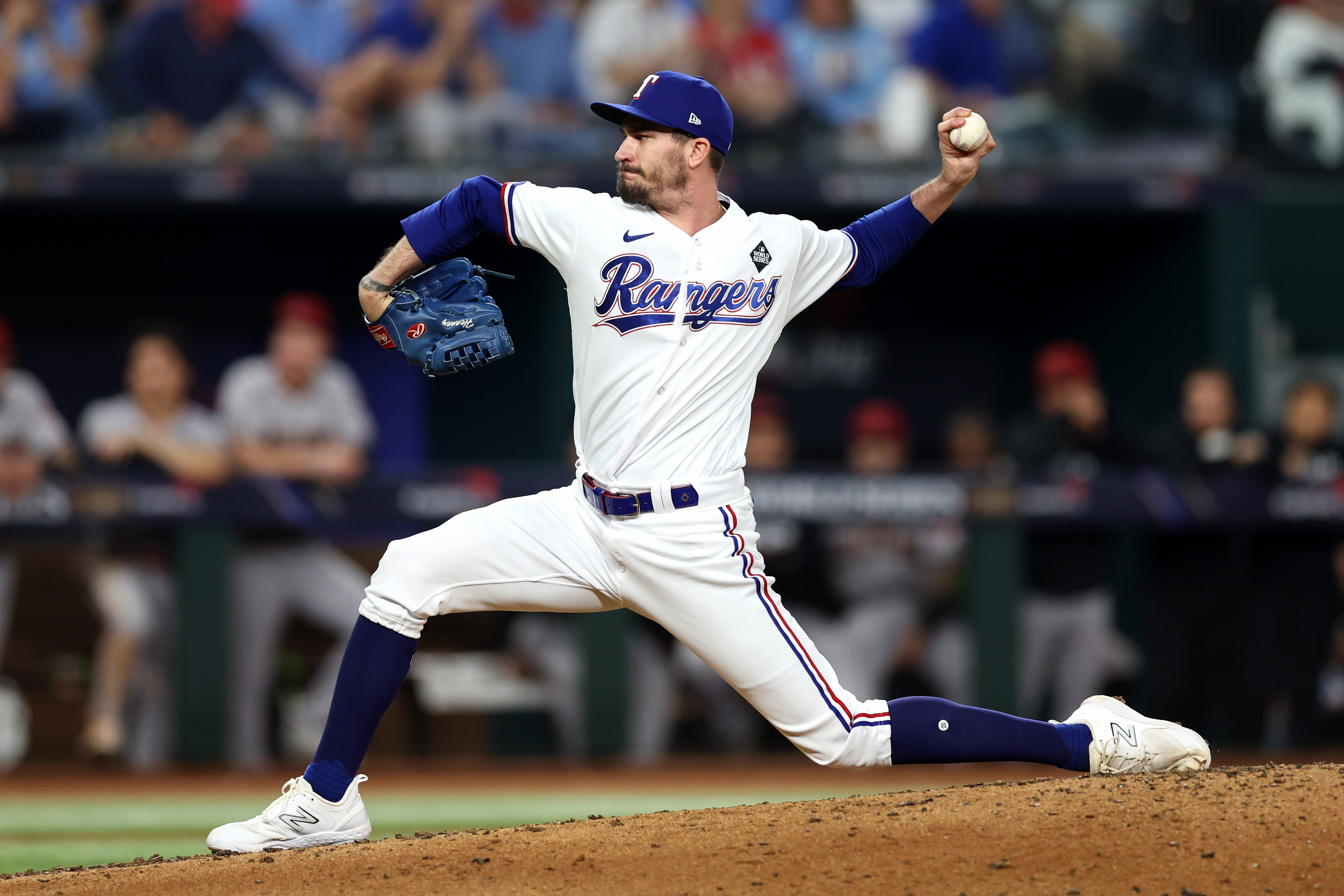 Andrew Heaney of the Texas Rangers pitches in the seventh inning against the Arizona Diamondbacks during Game Two of the World Series at Globe Life Field on October 28, 2023 in Arlington, Texas.
