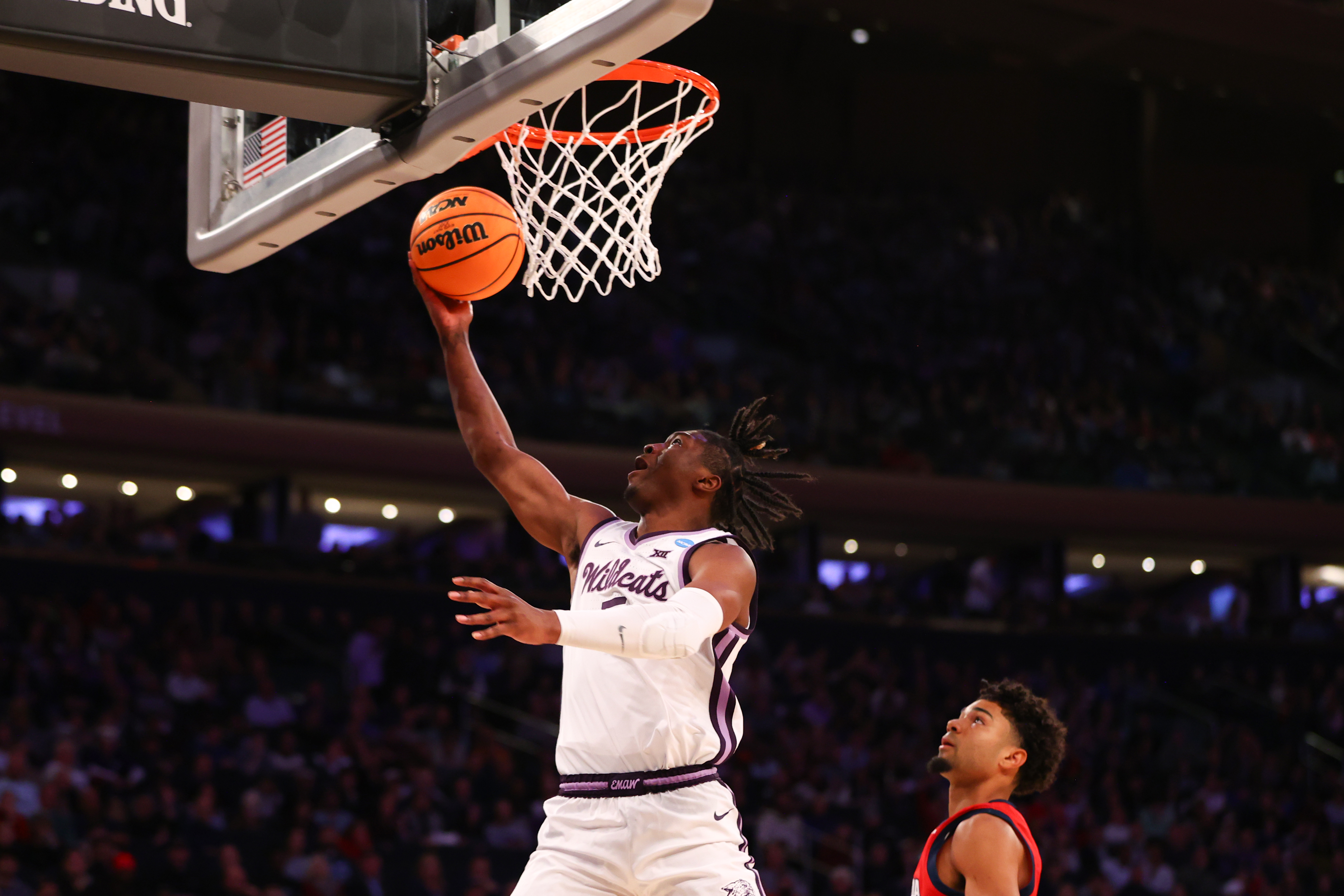Cam Carter #5 of the Kansas State Wildcats puts up a layup during the first half of the game against the Florida Atlantic Owls during the Elite Eight round of the 2023 NCAA Men’s Basketball Tournament held at Madison Square Garden on March 25, 2023 in New York City.