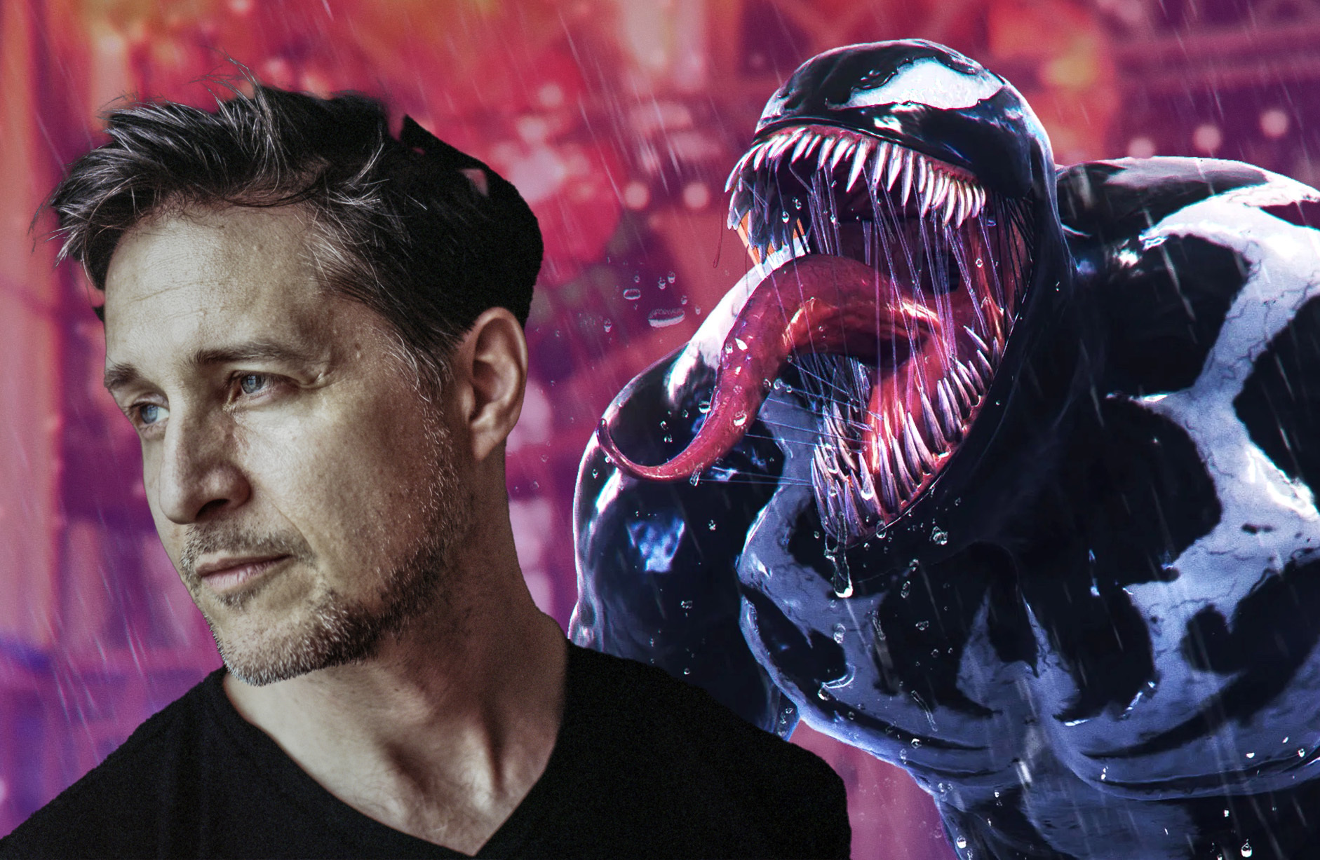 At left, a headshot of Yuri Lowenthal; at right, an image of Venom from Insomniac Games’ Spider-Man 2