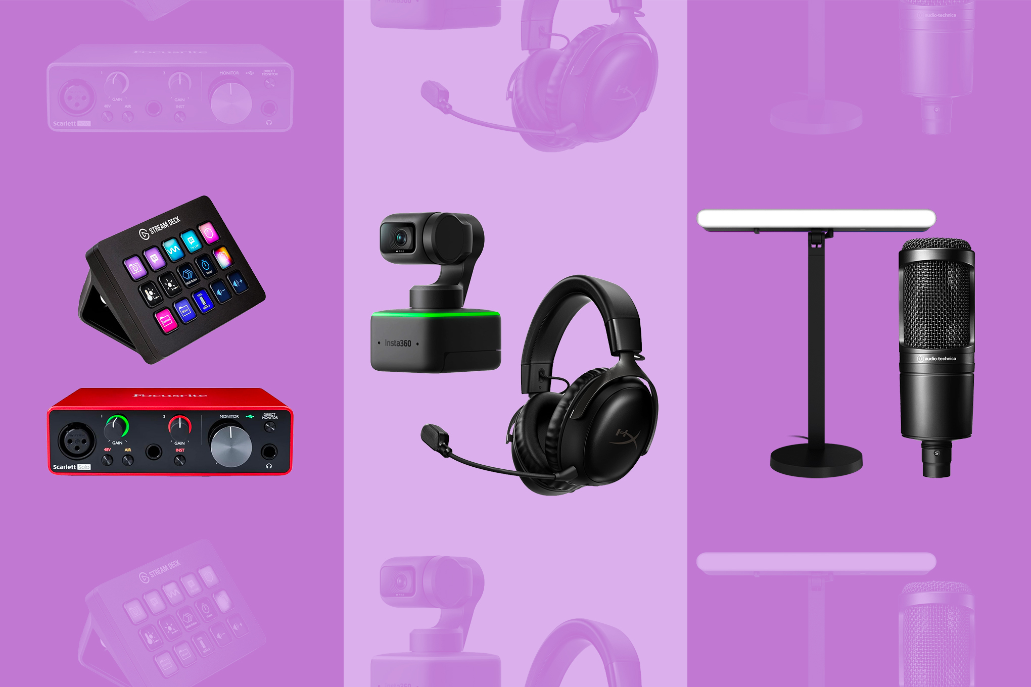 An image with multiple products arranged from left to right, including the Elgato Stream Deck, an XLR audio interface for microphones and headphones, Insta360 Linke webcam, HyperX Cloud III Wireless headset, Logitech’s Litra XL light, and an Audio-Technica XLR microphone.
